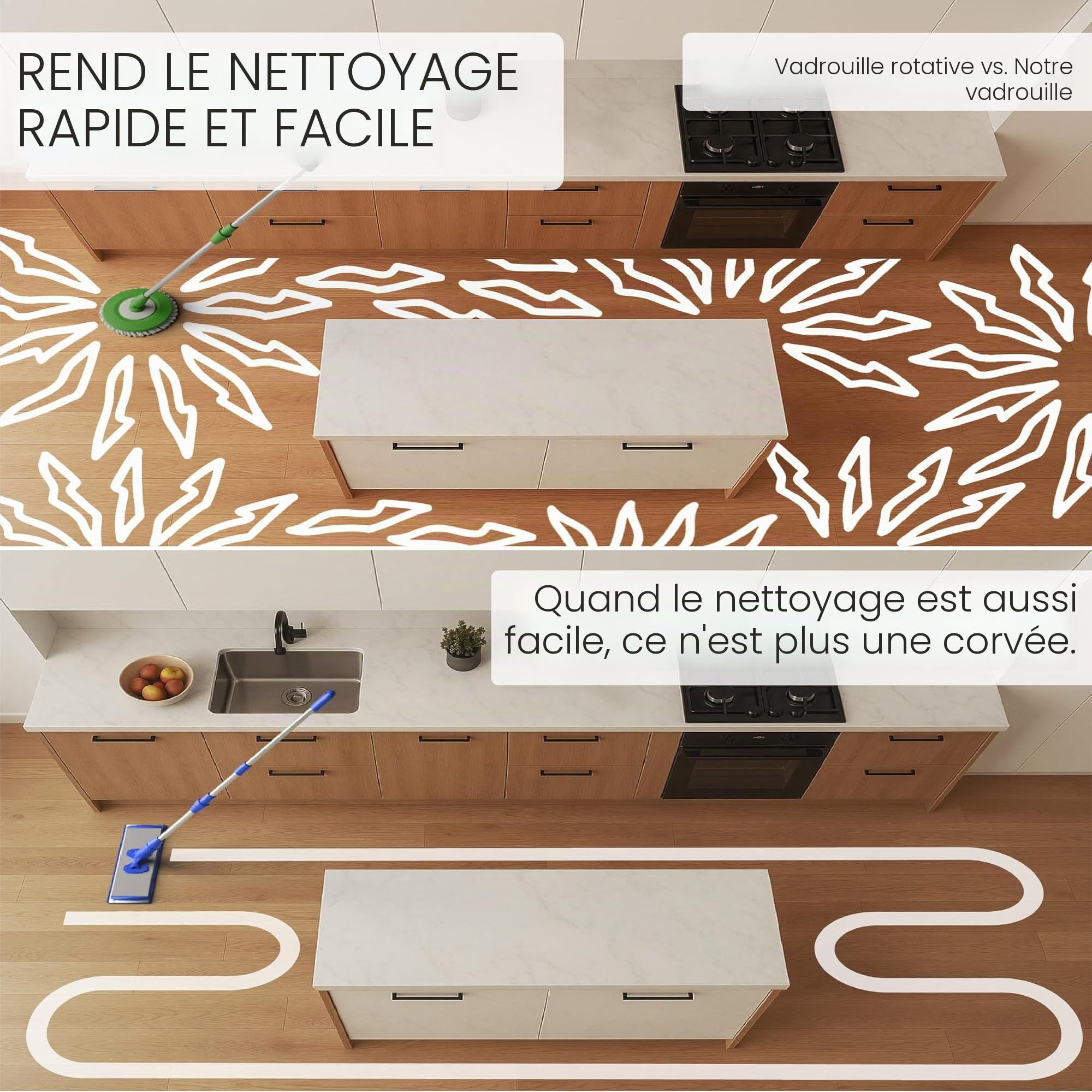 Balai serpillère professionnelle à franges en microfibre 46 cm, poignée en acier inoxydable