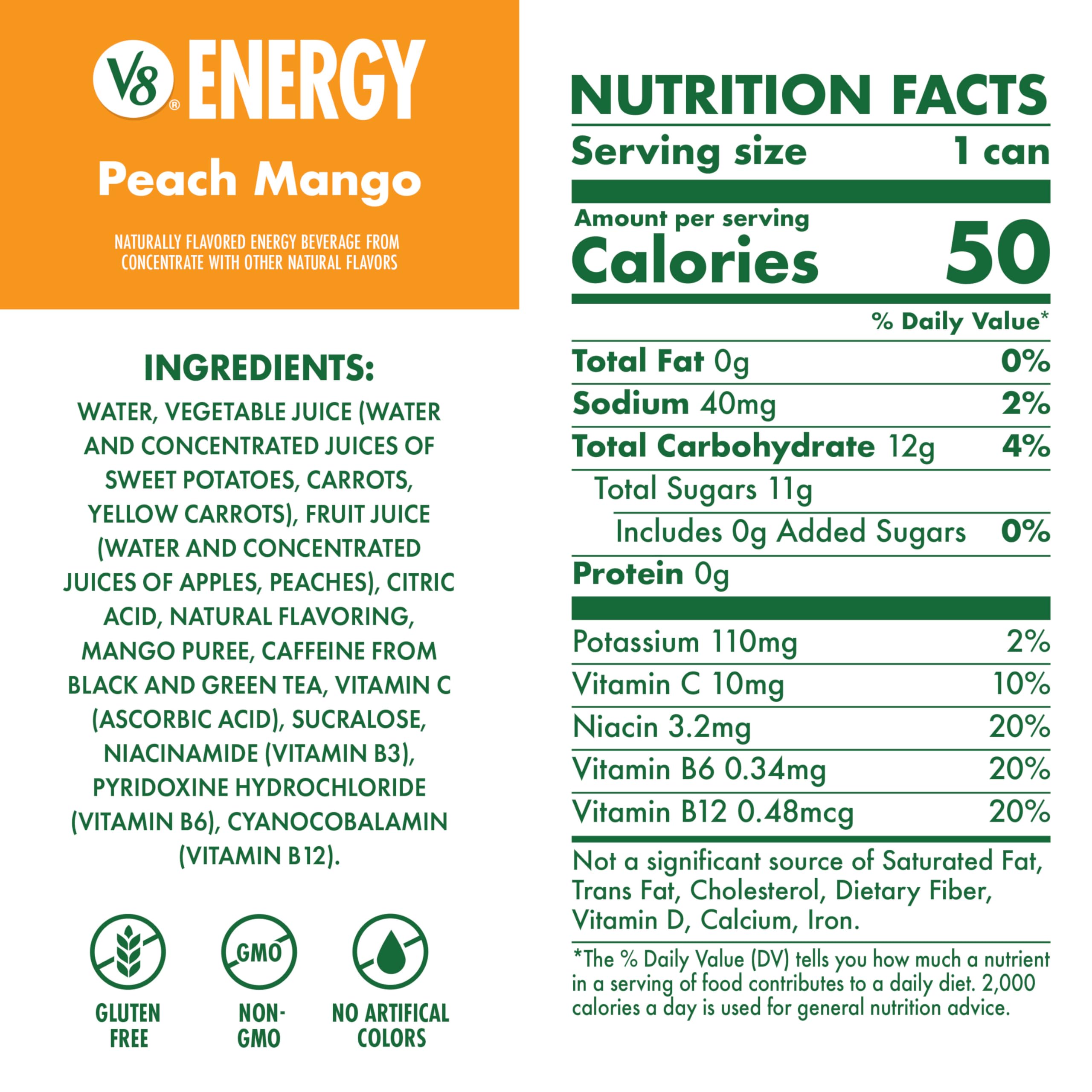 V8 Energy Peach Mango Energy Drink, 8 fl oz Can