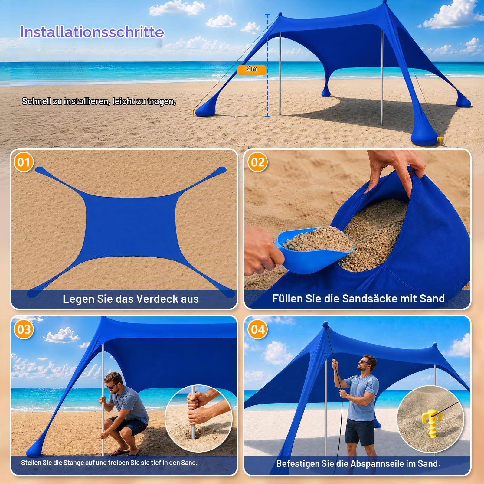 Strandzelt mit Strandmatte, LSF 50+ Hochschutz, 2x2x2m, Dunkelblau