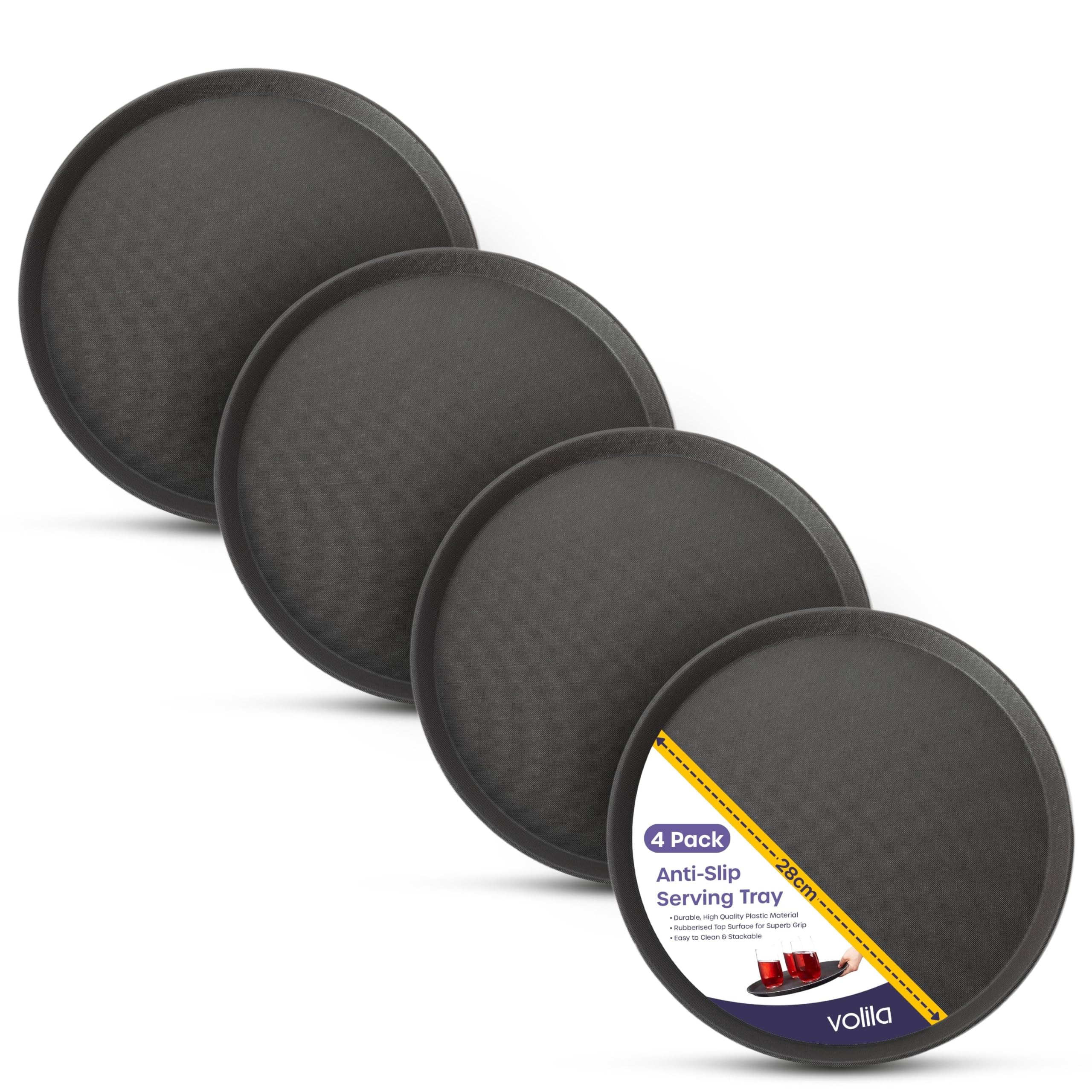 Black Round Tray - 28cm (4 Pack) Rubberized Round Trays for Food Serving and Drinks - Dishwasher Safe Non Slip Tray for Parties, Gatherings, Bars, Restaurants, and Home Use