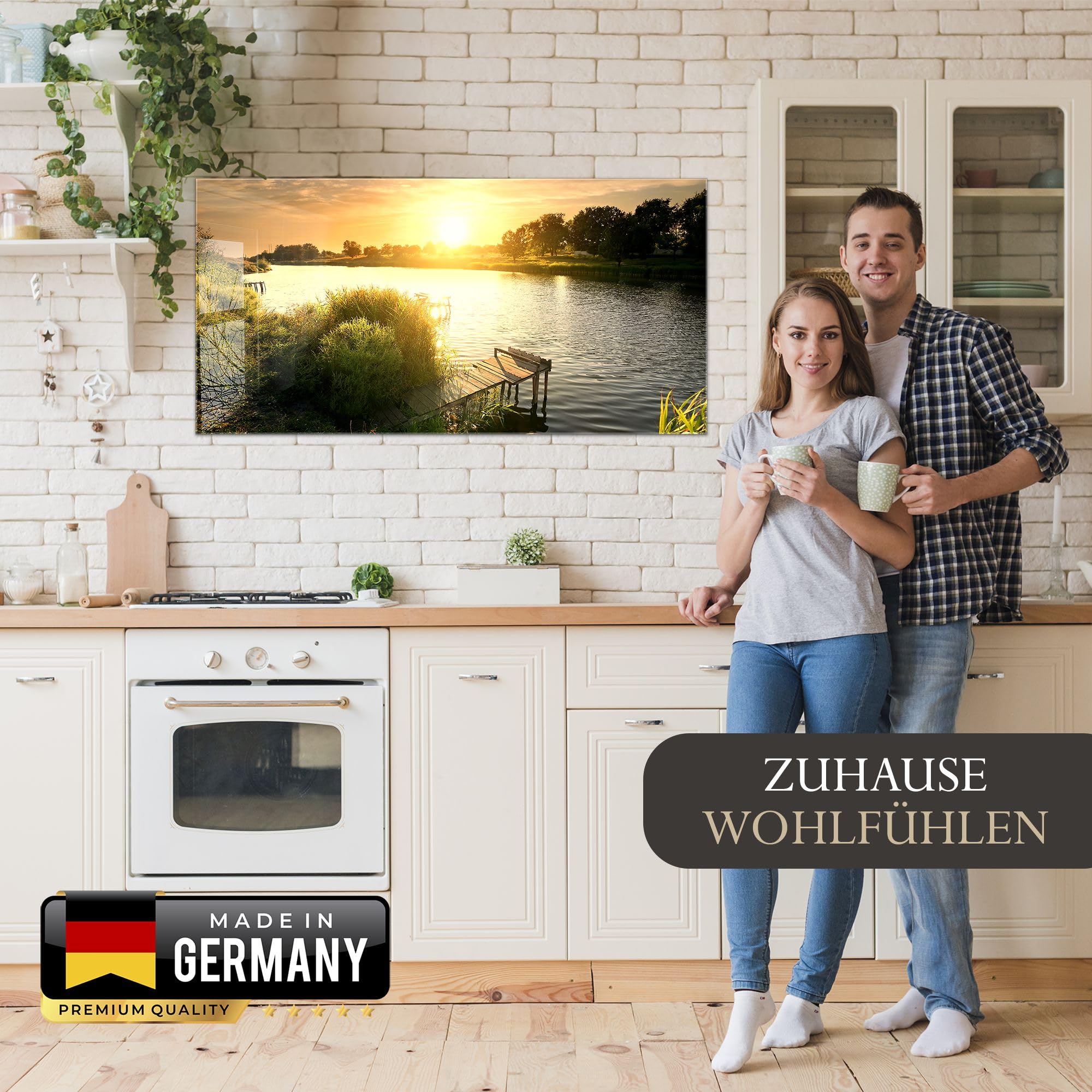 timalo Küchenbild aus Acrylglas modernes Wandbild Glasbild Deko Küche XXL Bild wie Glas | 140x50cm See Abend Wald, Sonnenuntergang, Natur, Wasser