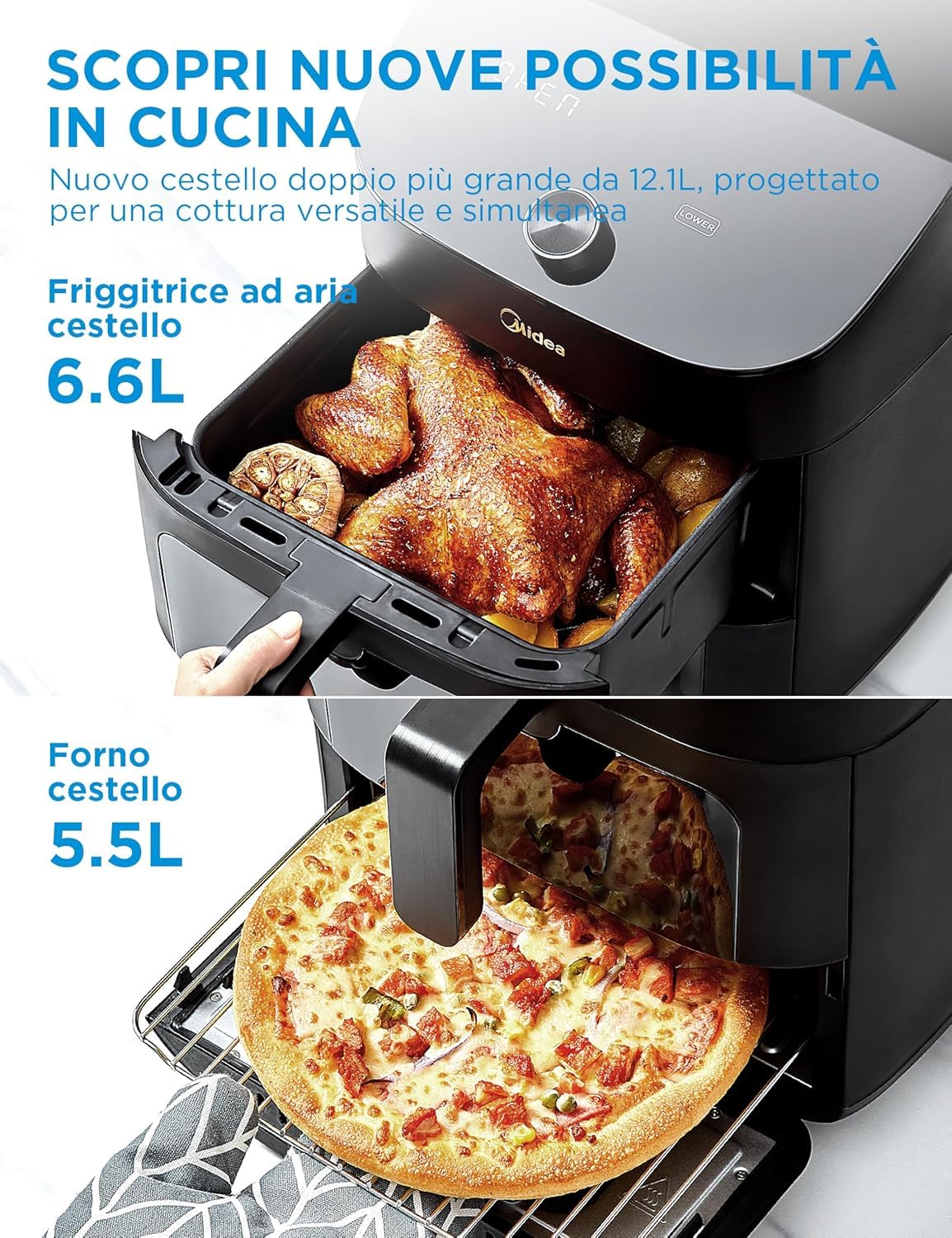 Midea Pionowa frytkownica powietrzna 10 w 1, podwójna strefa, 11 l Wifi Air Fryer z 2 szufladami 5 l i 6L, nieprzywierające elementy, można myć w zmywarce, kompatybilna z aplikacją, 2400 W