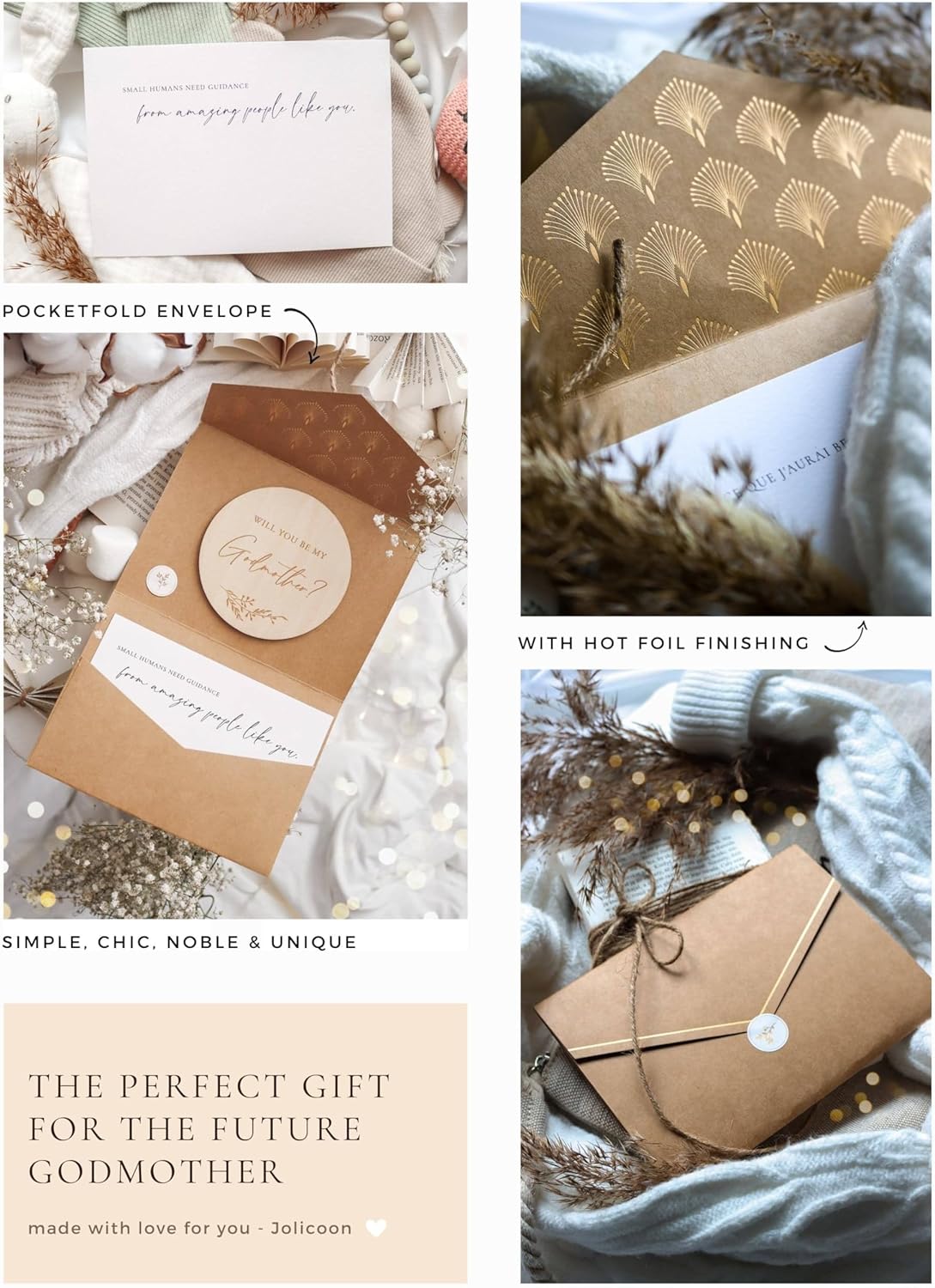 Jolicoon Will you be my godmother wooden card with pocketfold envelope and seal sticker - Godmother proposal - Image 2