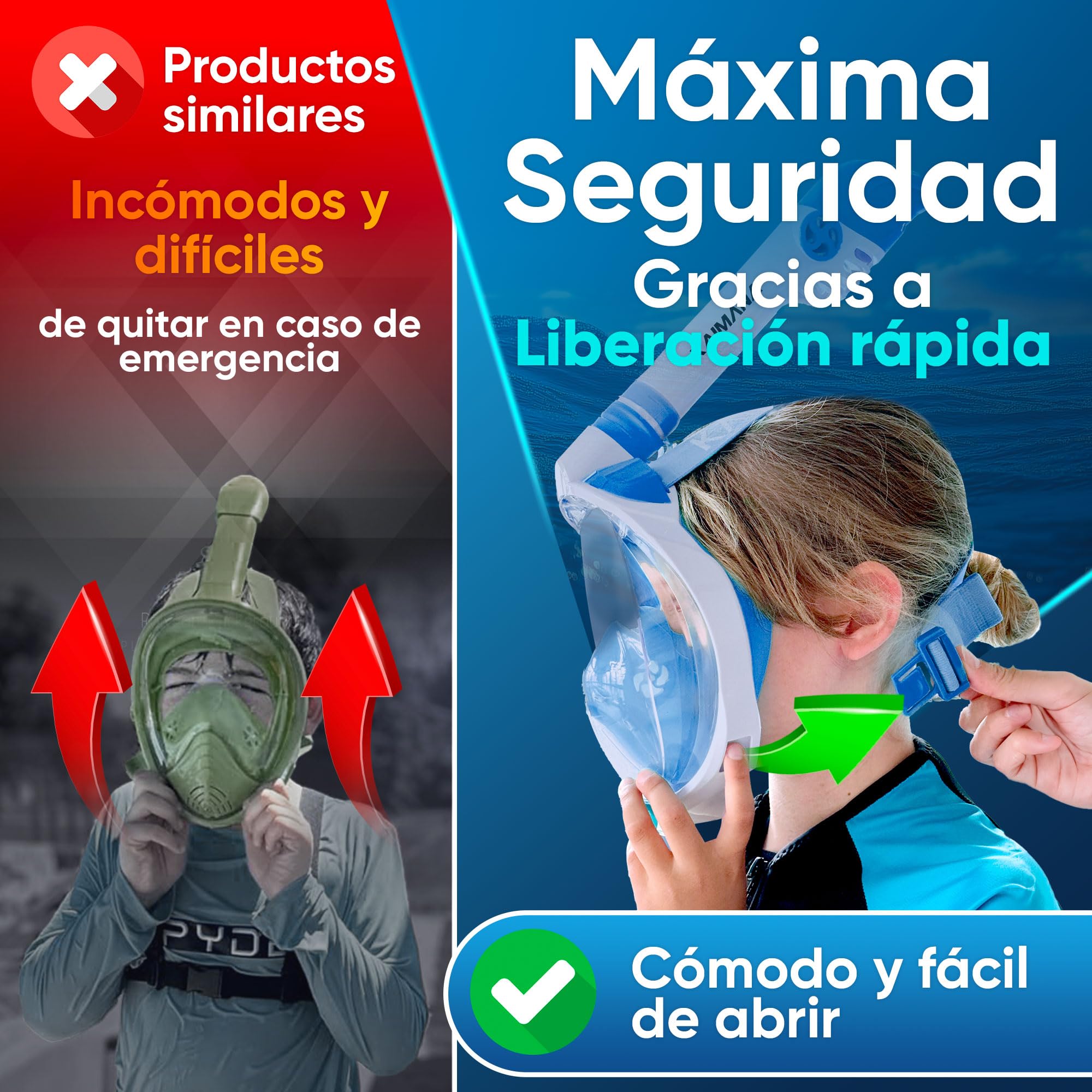 KAIMANA® Máscara Snorkel Niño Integral – Máscara Buceo Niño Full Face 4-10 Años con Sistema CO₂-Safe, Anti-Vaho y Anti-Filtraciones – Incluye Bolsa de Transporte