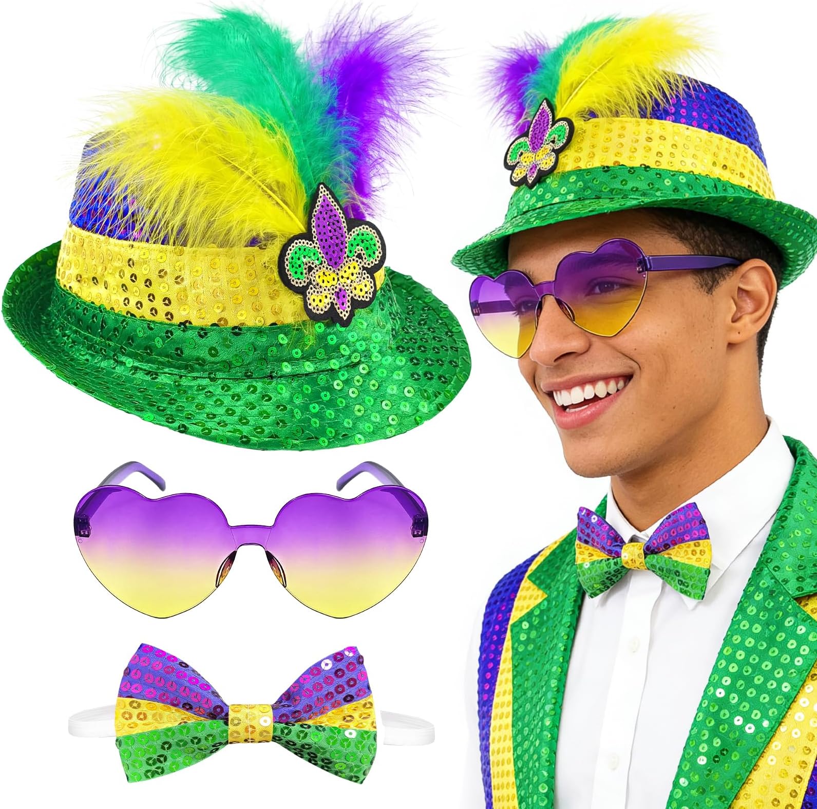 3 Pcs Mardi Gras Sequin Hat Sequin Bow Tie Sunglasses Set for Adults Carnival Halloween Party Costumes Cosplay Accessories Favors