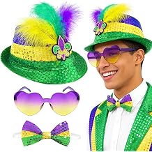 Hikkcos 3 Pcs Mardi Gras Sequin Hat Sequin Bow Tie Sunglasses Set for Adults Carnival Halloween Party Costumes Cosplay Accessories Favors