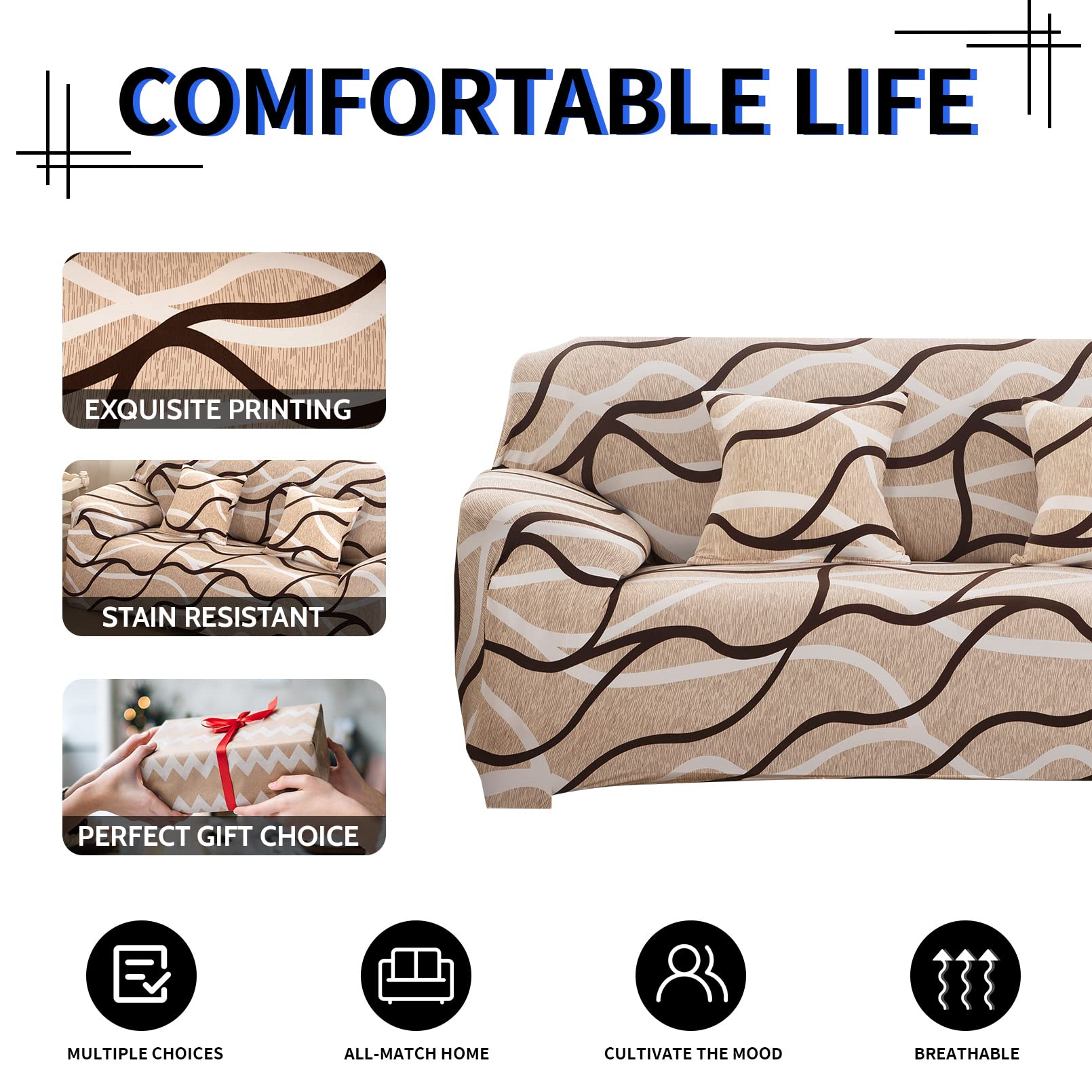 Lydevo Copridivano Elasticizzato 4 Posti Fodere Copri Divano con Braccioli con 2 Copricuscini Moderno Copridivano Fantasia Universale Antiscivolo Lavabile Divano Protector,Linee di Caffè