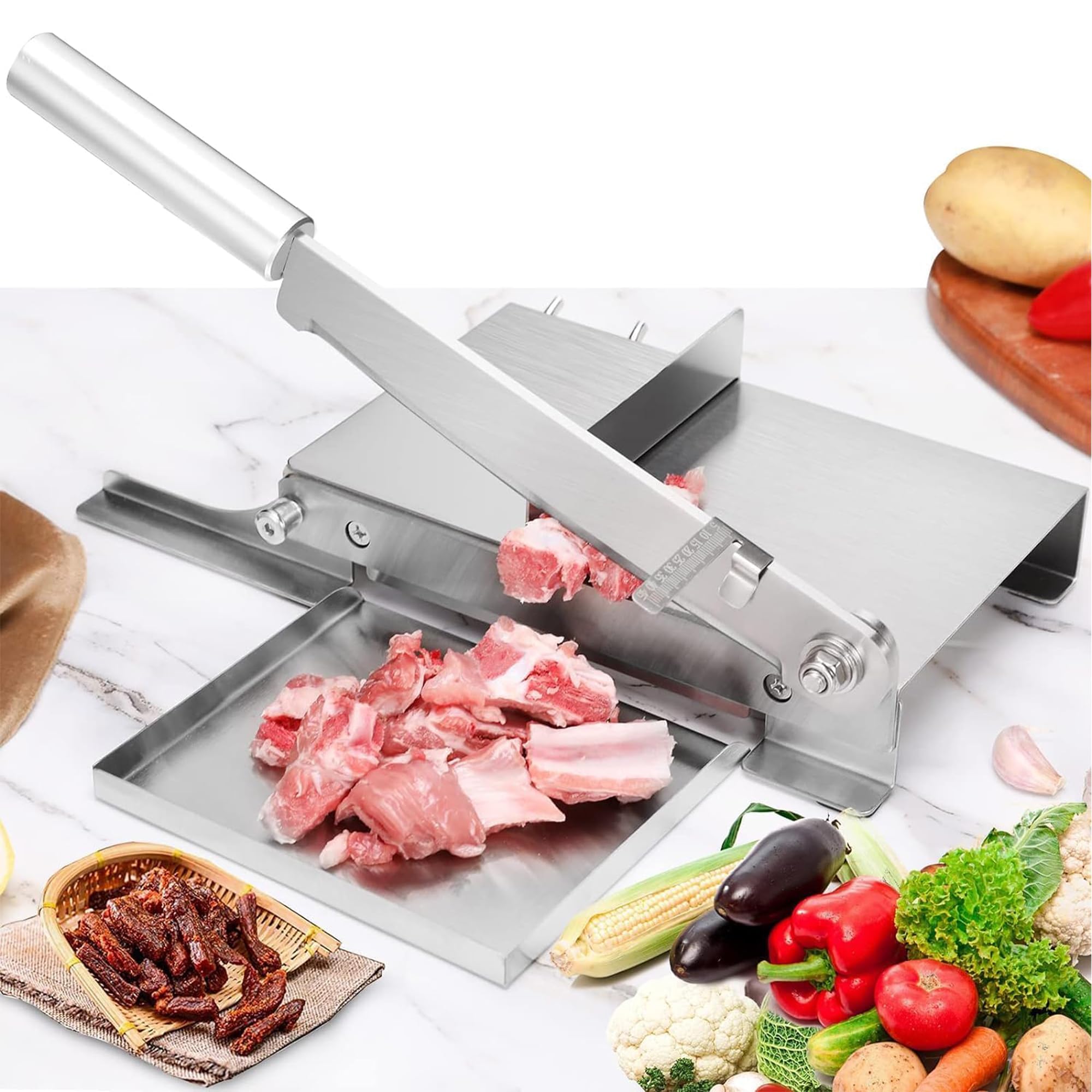 OLSKFUH Manual Meat Cutter, Stainless Steel Biltong Slicer For Salami, Ham, Bacon, Beef, Vegetables, Deli, Ginseng, Fish With Removable Scale,