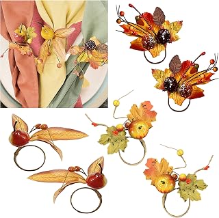 Angel Isabella Fall Themed Napkin Rings - Harvest Maple & Fruits Cloth Napkin Holder for Table Setting - Fall Banquet, Thanksgiving, Christmas or Wedding Table Decor (6pc, Mixed Style)
