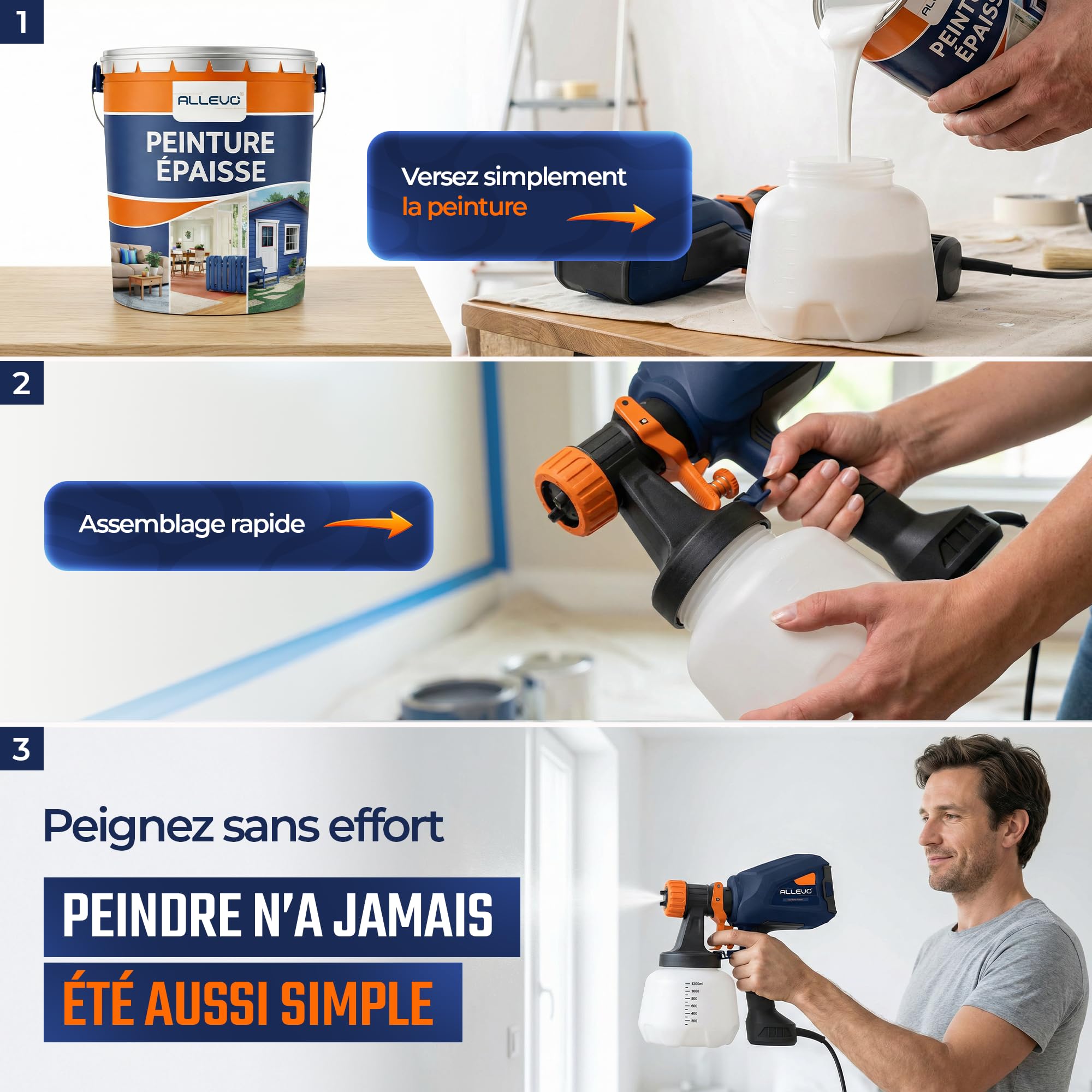 ALLEVO® Pistolet a Peinture 800W – Pulverisateur Electrique de Peinture 1300ml, 4 buses, Pulvérisateur Électrique, Pulverisateur a main, Pulvérisateurs de peinture, Accessoires, Murs, Meubles, Plafond