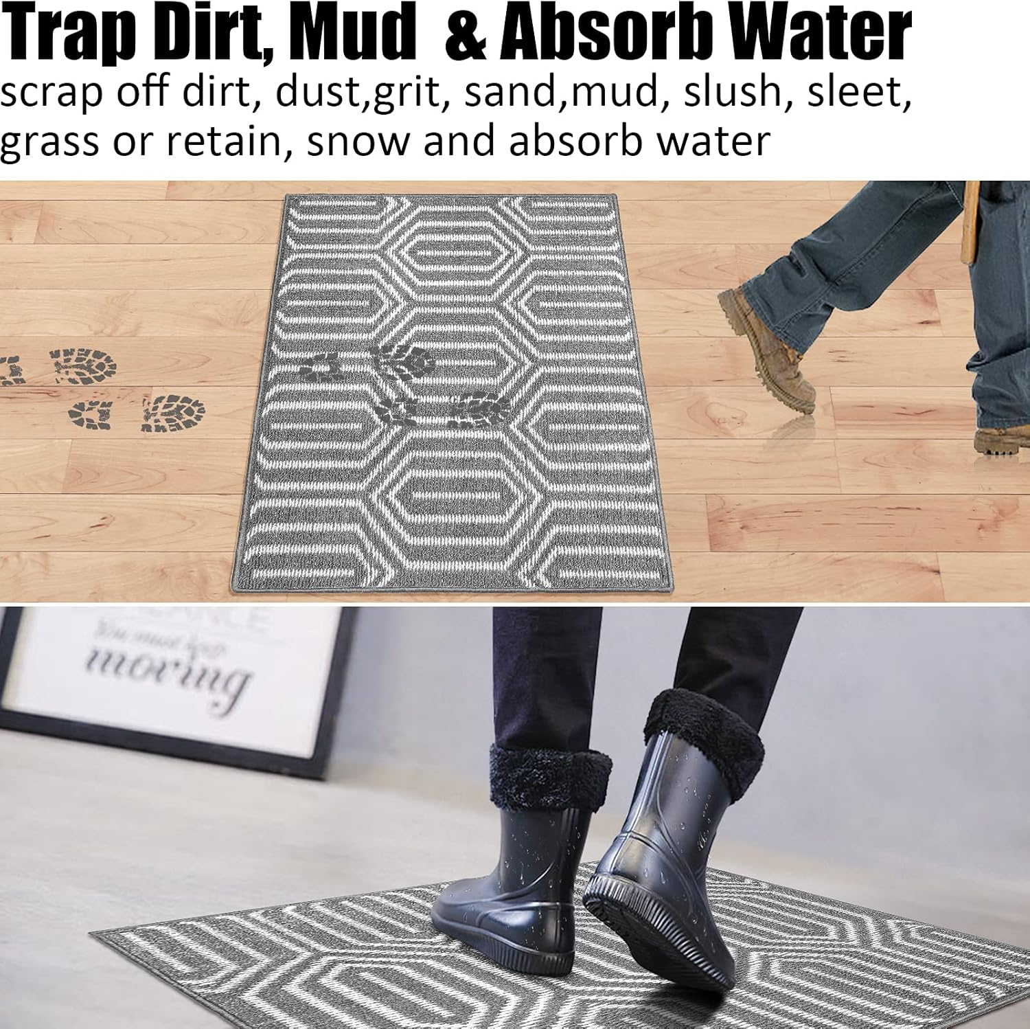 Indoor Doormat 32"x 40", Absorbent Front Back Door Mat, Rubber Backing Non Slip Floor Mats Inside Mud Dirt Trapper Outside Entrance Door Rug Carpet, Machine Washable Low Profile-Grey Time Cloister