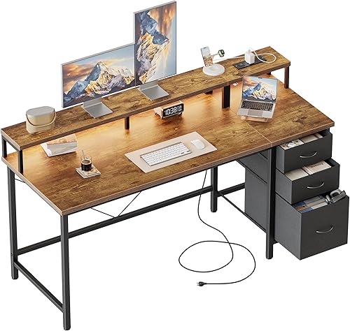 Escritorio de computadora Mericonia de 55 pulgadas con tomas de corriente y luces LED, escritorio para juegos con 3 cajones para oficina en casa,
