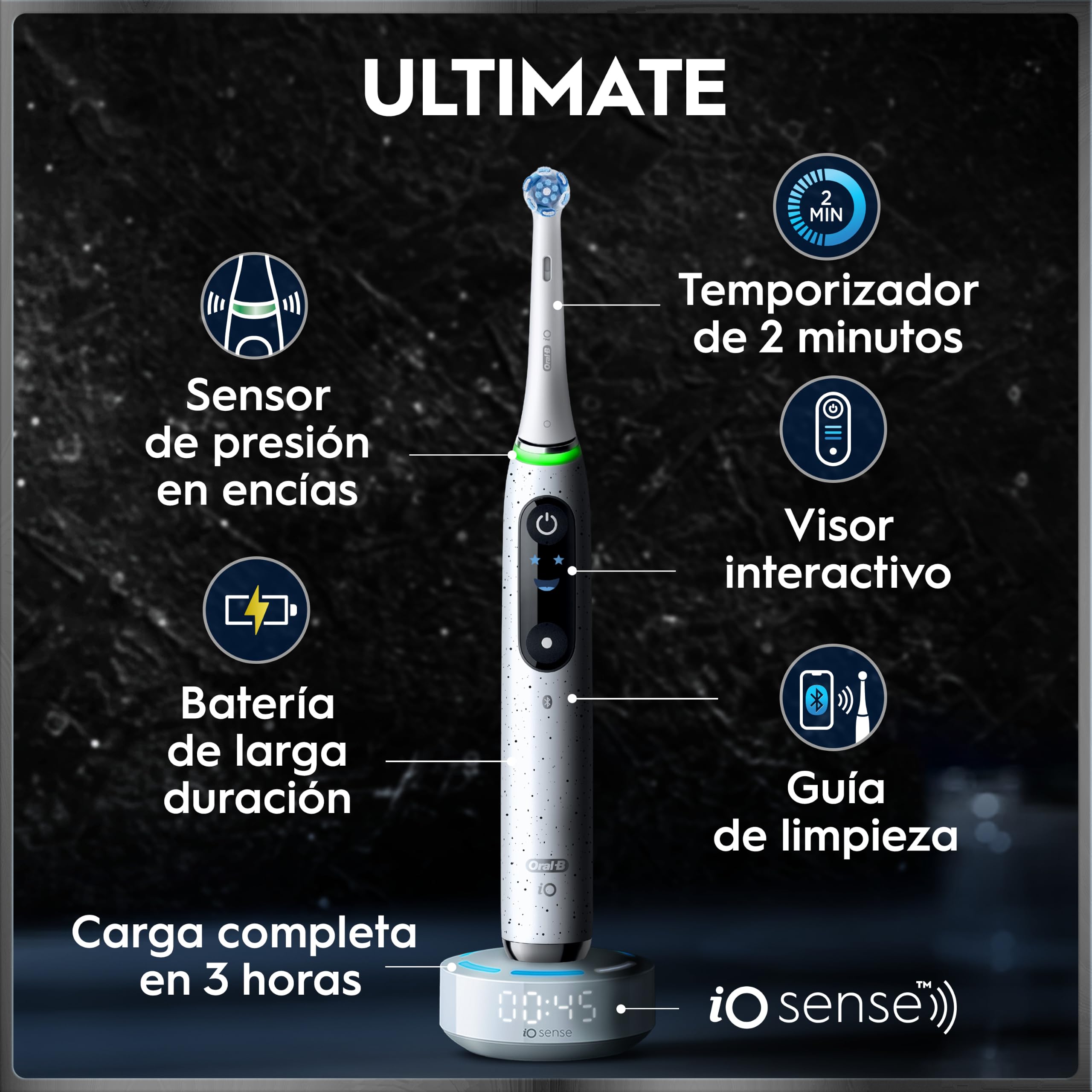 Oral-B iO 10 Cepillo de Dientes Eléctrico Blanco, con 3 Cabezales y 1 Estuche Cargador de Viaje, Diseñado por Braun