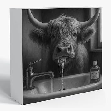 Brushing Teeth Highland Cow Bathroom Sign 5x5 Wooden Box | Funny Bathroom Signs Decor Farmhouse Bathroom Accent Western Restroom Art Cow Picture