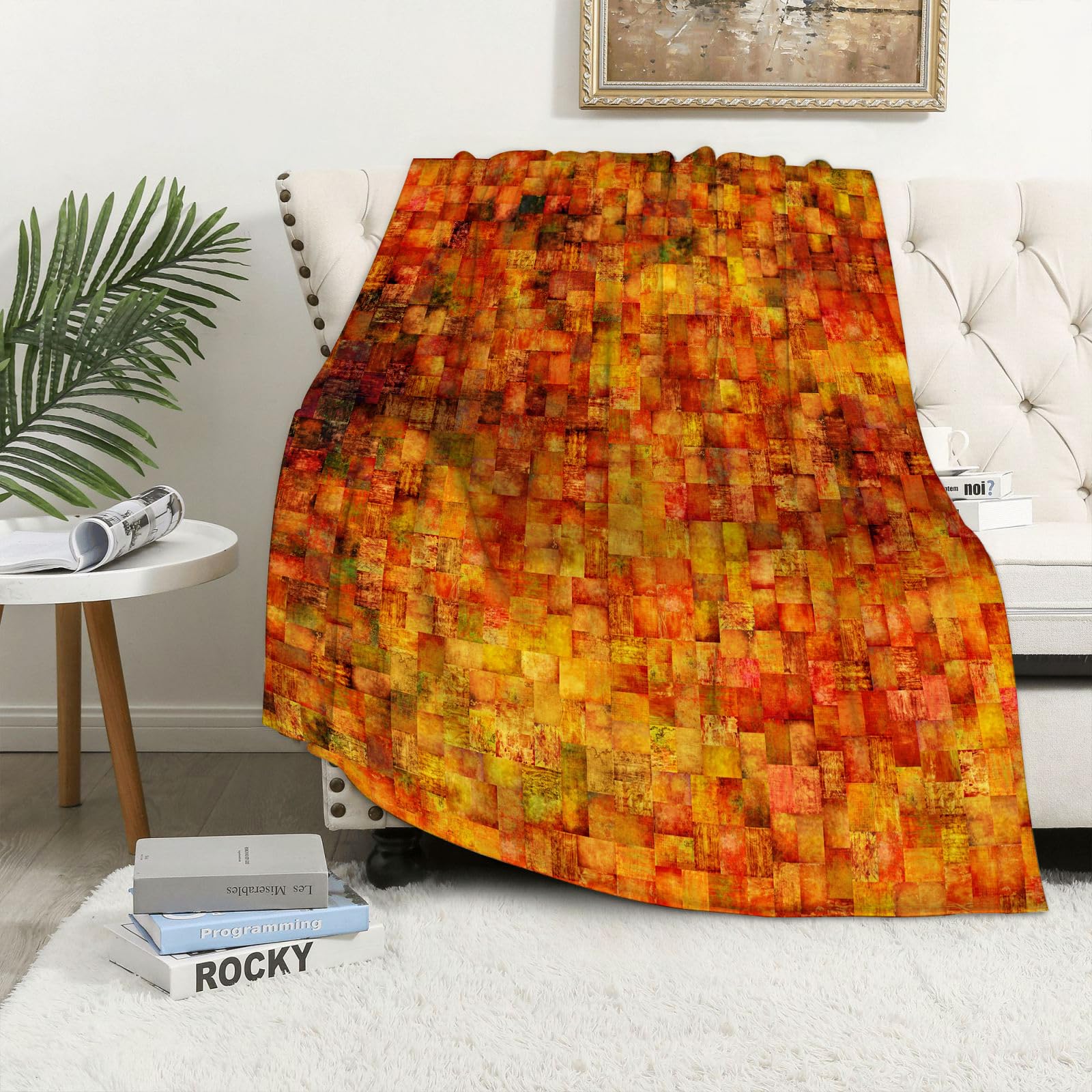 MAAPCHP Flannel Fleece Blanket Throws for Sofa Fluffy Blanket Bed Throw for Bedroom Burnt Orange,Vintage Mosaic Background Quadratic Little Geometric Squares Faded Blanket for Bed, Couch,Car 50x60in