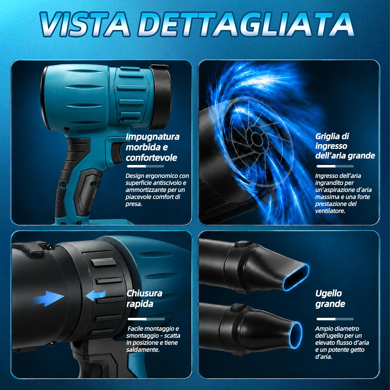 Soffiatore per foglie senza fili Turbo – 40000 giri/min, 60 m/s, 650 g – incl. 3 ugelli – Compatibile con Makita 18V – Blu (Senza batteria e caricabatterie)