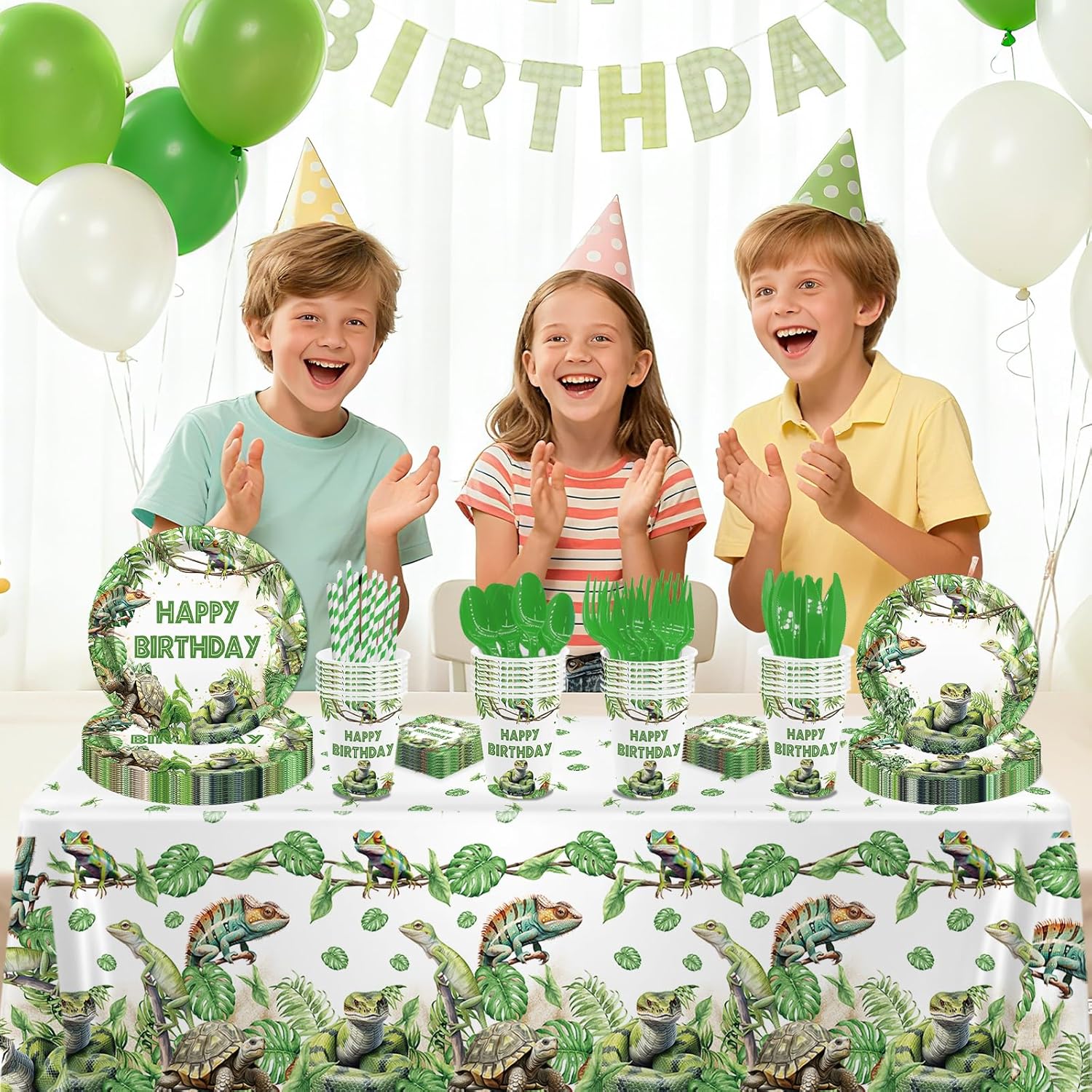 MEHOFOND Reptile Birthday Party Decorations - Happy Birthday Reptile Snake Plates and Napkins - Snake Turtle Palm Leaf Jungle Paper Plates Cups with Tablecloths, Reptile Bday Party Supplies, Serve 24 - Image 6