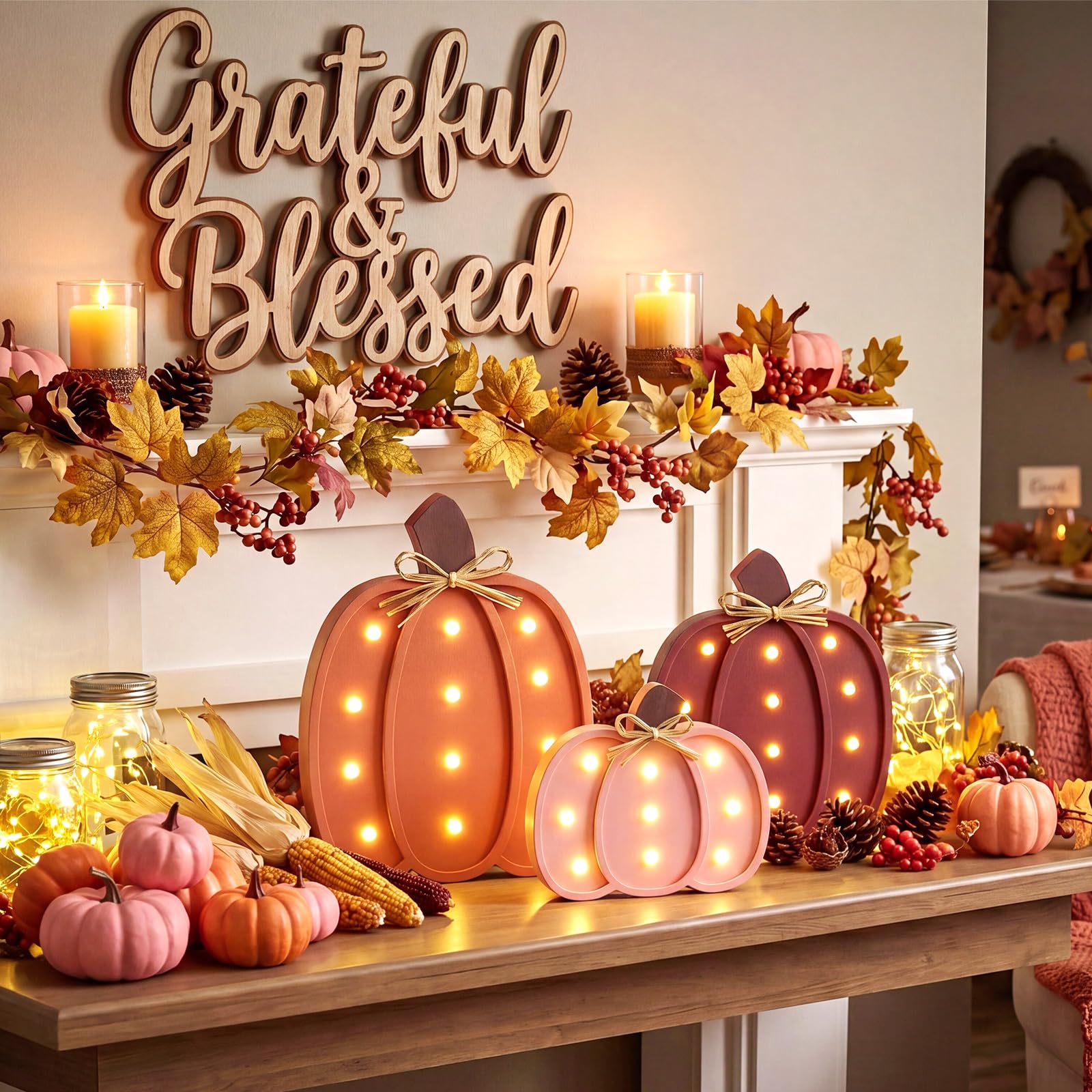 Youyole 3 decorazioni autunnali per la casa, zucche in legno rosa con fiocco, a batteria, decorazione rustica per il raccolto per il Ringraziamento, Halloween, casa, cucina, decorazione da tavolo