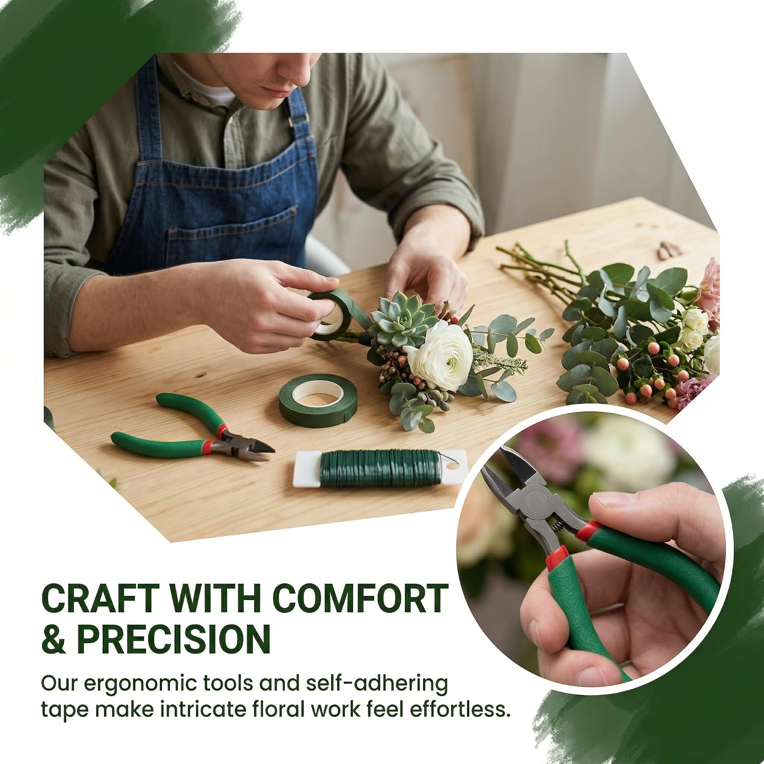 Floral Arrangement Tools Kit, Floral Tape & 22 Gauge Green Paddle Wire with Wire Cutter for Wreaths Bouquets Garland Florist Supplies