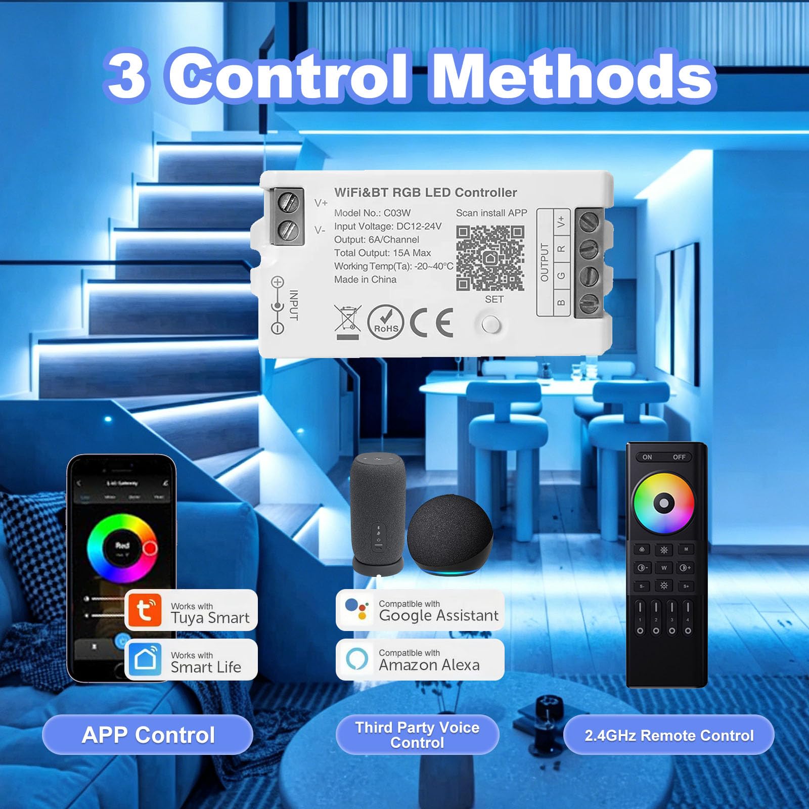 C03W RGB WiFi Bluetooth LED Contrôleur,Vocale/APP Contrôle | Alexa/Google Home/Tuya/Smart Life,Contrôle de Groupe 4PIN RGB Ruban LED COB SMD,Fonctionne WR01RF RC03RFB Remote,DC12-24V
