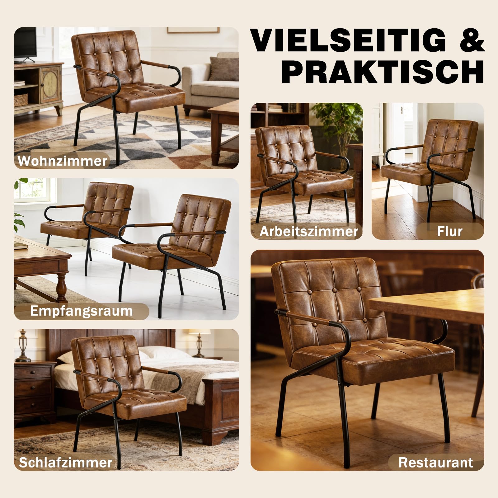 Hellove Loungesessel Wohnzimmer mit Metallbeinen, Ohrensessel Vintage PU Leder, Moderner Relaxsessel mit Gemütlicher, Bequemer Polsterstuhl Ledersessel Lesesessel für Schlafzimmer LivingRoom Braun