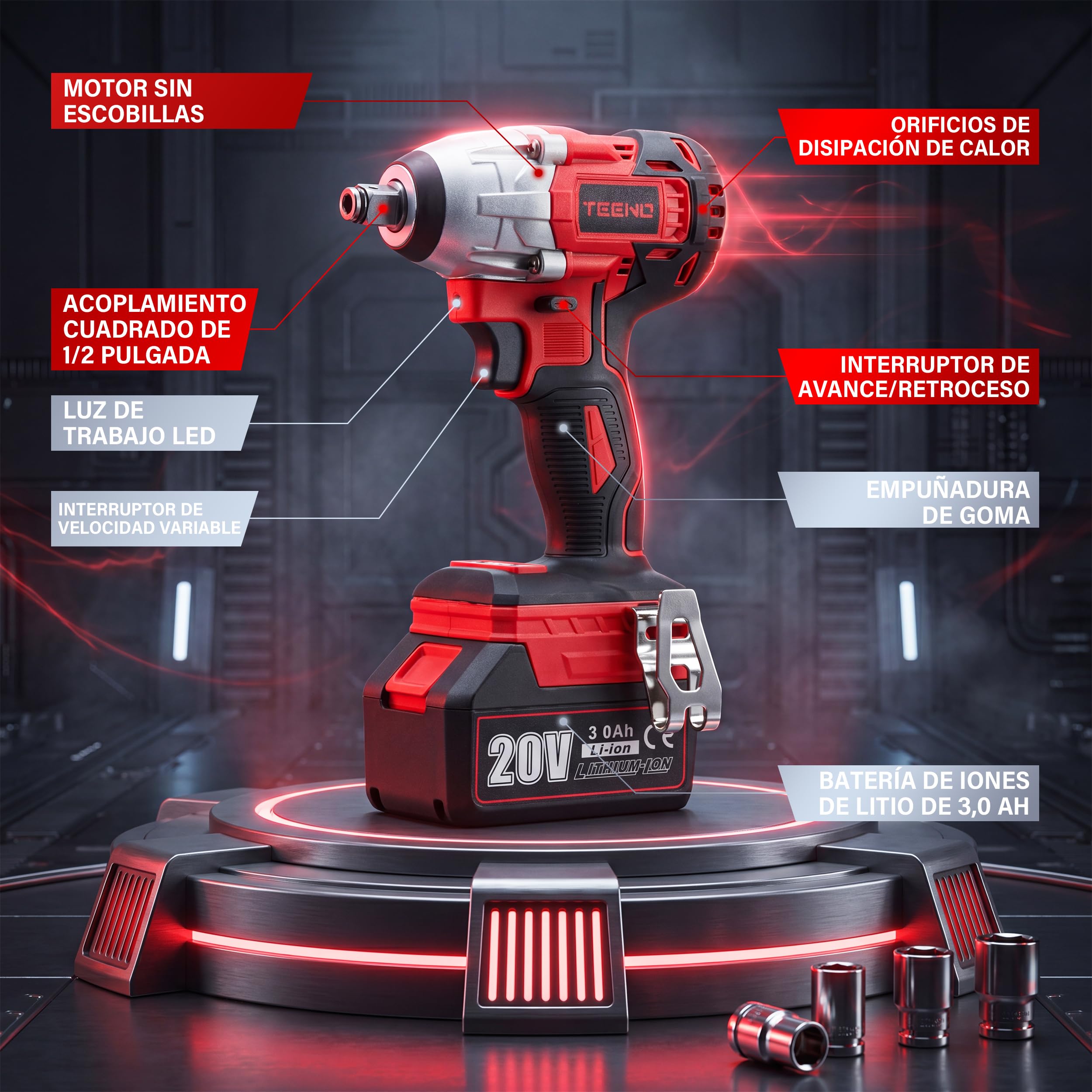 TEENO Herramientas, atornillador, llave impacto y amoladora angular batería | Equipado motor sin escobillas, pilas 3Ah y vel regulable, juego herramientas completo apto para corte, taladrado y apriete