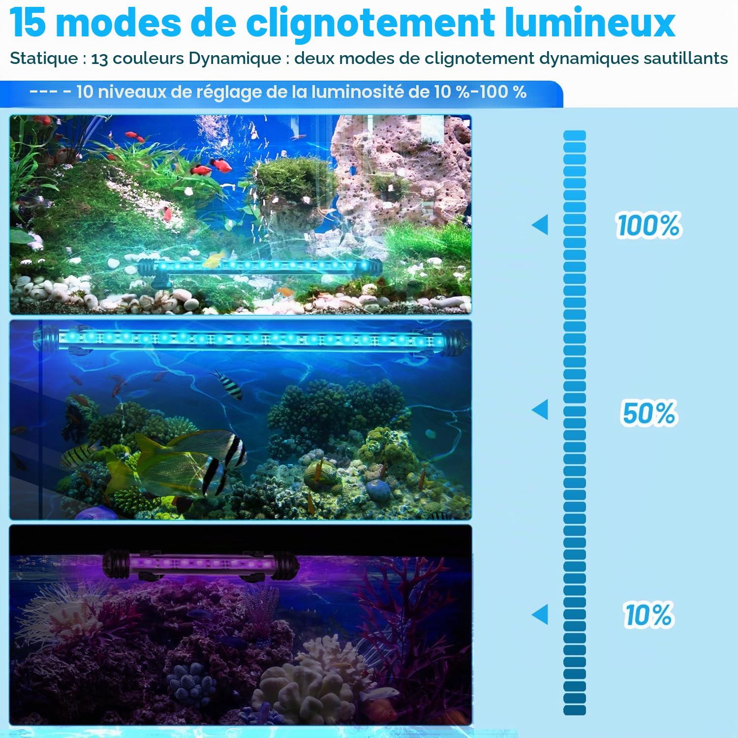 Aquarium Light LED, éclairage pour aquarium LED, 13.2W Aquarium Light RGB, IP67 étanche, Universal Fit Aquarium Lamp, pour réservoir à poissons, aquarium de plantes, EU Plug