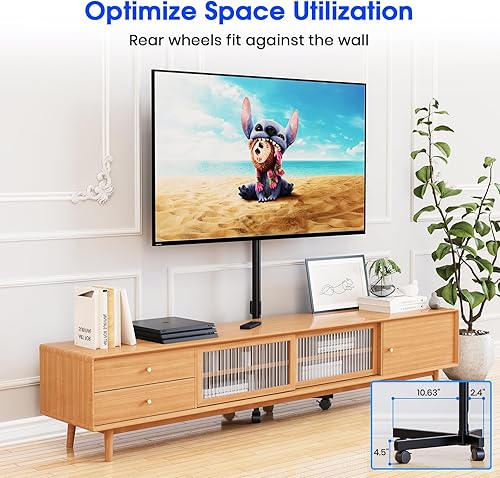 Miniatura 5 de Soporte de TV móvil para televisores de pantalla plana LCD LED OLED de 23 a 60 pulgadas de hasta 88 libras, inclinación y altura ajustable, ruedas