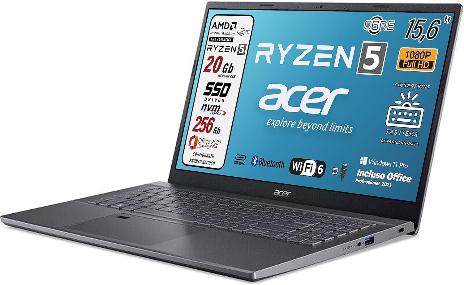 Acer, Pc portatile notebook, Amd Ryzen 5 5625u, 6 Core, Ram 20 Gb, SSD 256 Gb, Display 15.6 FHD, Tastiera retroilluminata, Fingerprint, WI-FI 6, Win 11 Pro, Suite office, Preconfigurato Acer, Pc portatile notebook, Amd Ryzen 5 5625u, 6 Core, Ram 20 Gb, SSD 256 Gb, Display 15.6 FHD, Tastiera retroilluminata, Fingerprint, WI-FI 6, Win 11 Pro, Suite office, Preconfigurato