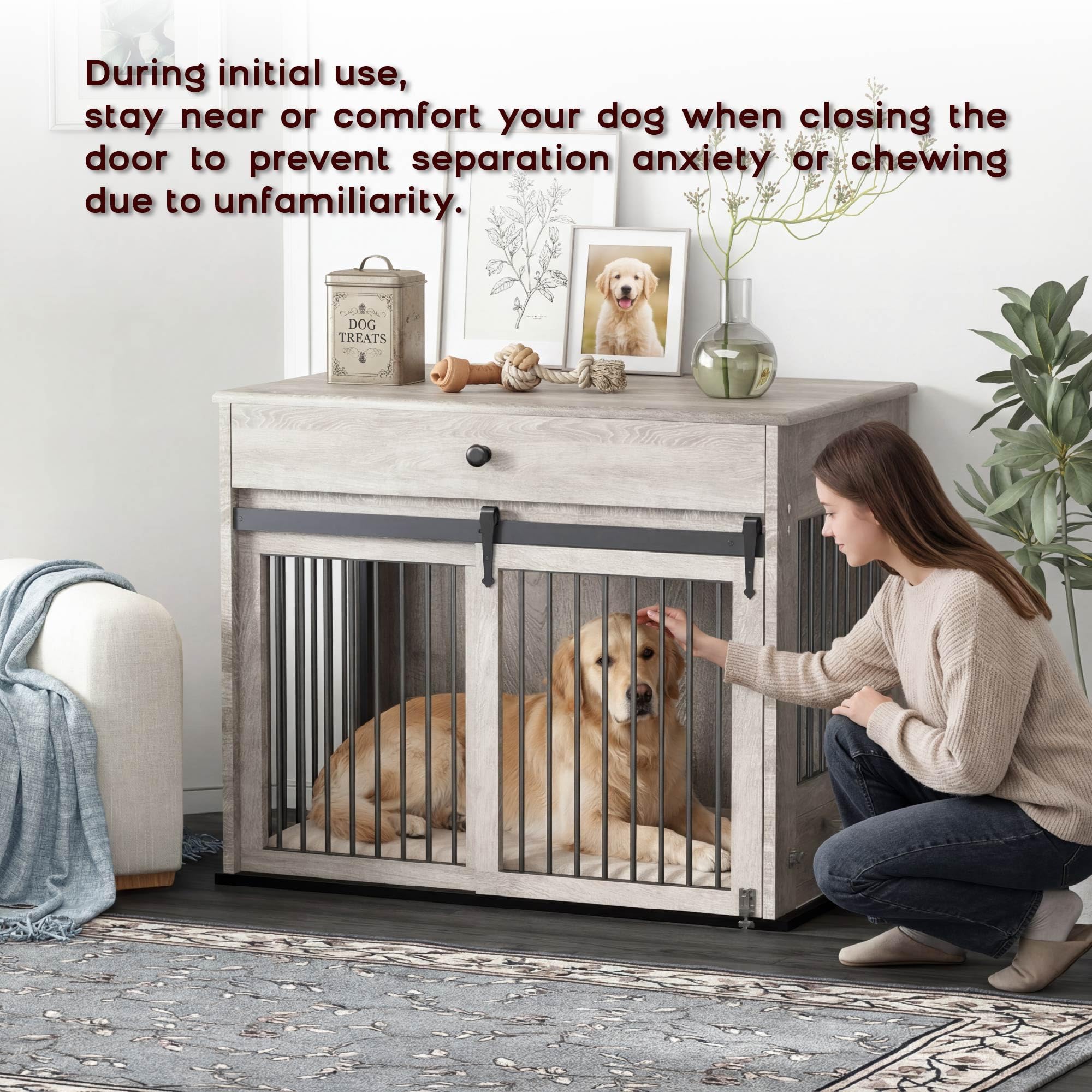 Cage pour Chien, Caisse pour Animaux de Style Meuble avec Portes Coulissantes, Niche D'intérieur en Bois avec Tiroir, Maison pour Chien avec Gamelle Pivotante à 360°, Gris