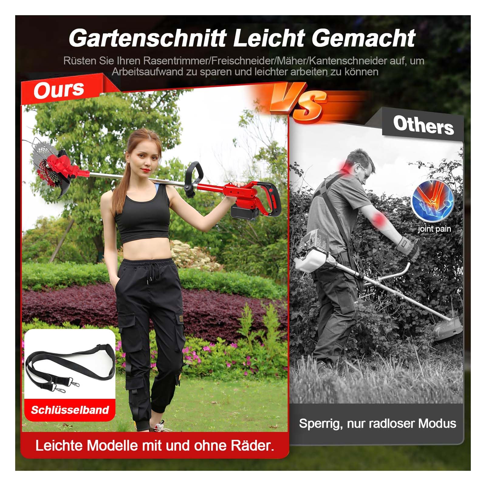 Rasentrimmer mit Akku und Unkrautbürste, 21V-4,0Ah Akku Rasentrimmer für Makita Akkus, 4 in 1 Freischneider akku, 750W Bürstenloser Motor, 1-45CM Teleskopstiel, für Garden Trimmen (rosa)