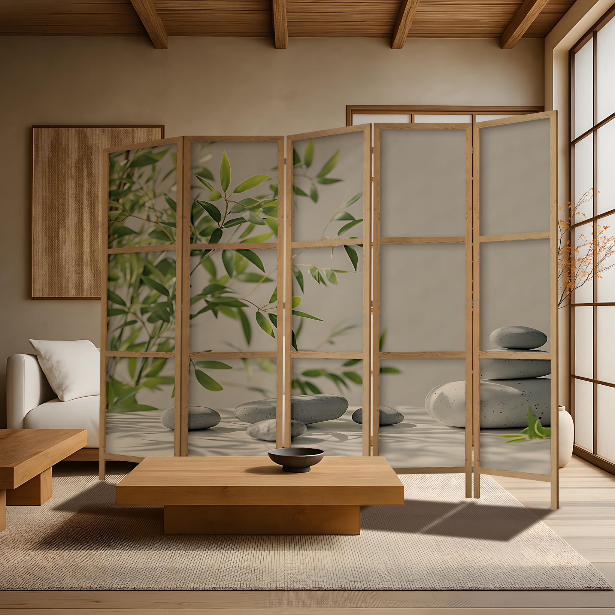 Paravent séparateur de pièce en bois 225x172 cm, 5 parties, unilatéral, style oriental