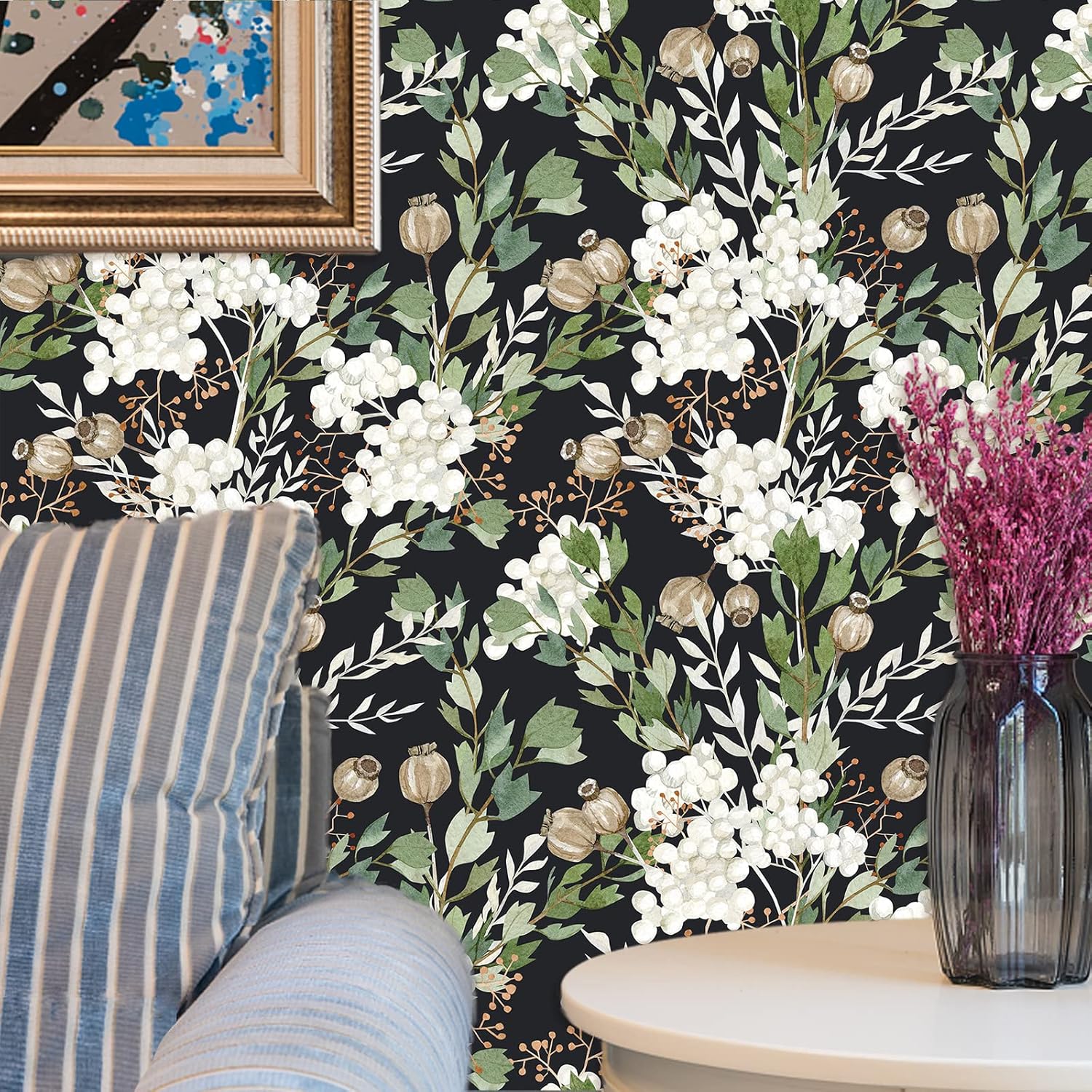 Peel and Stick Wallpaper Boho Dark Floral Leaf Removable Wallpaper for Bathroom Stick on Boho Renter Friendly Wallpapers Black Floral Contact Paper for Accent Wall 17.5 x 118 in