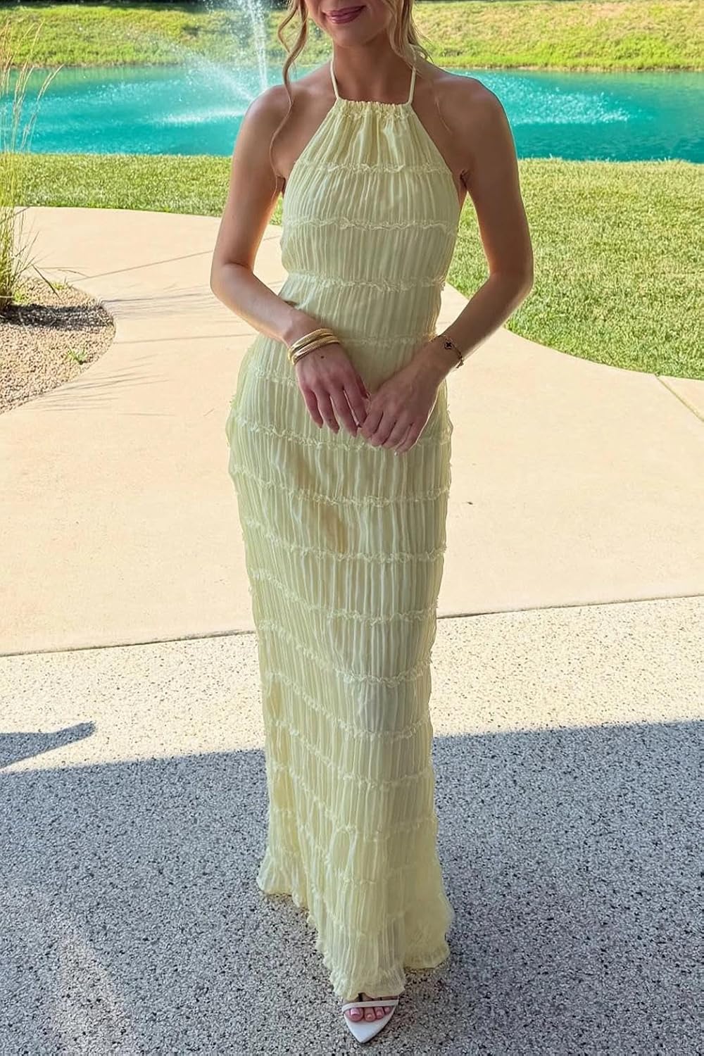 ABYOVRT Women Backless Dress Sleeveless Textured Halter Open Back Maxi Dresses Vacation Wedding Guest