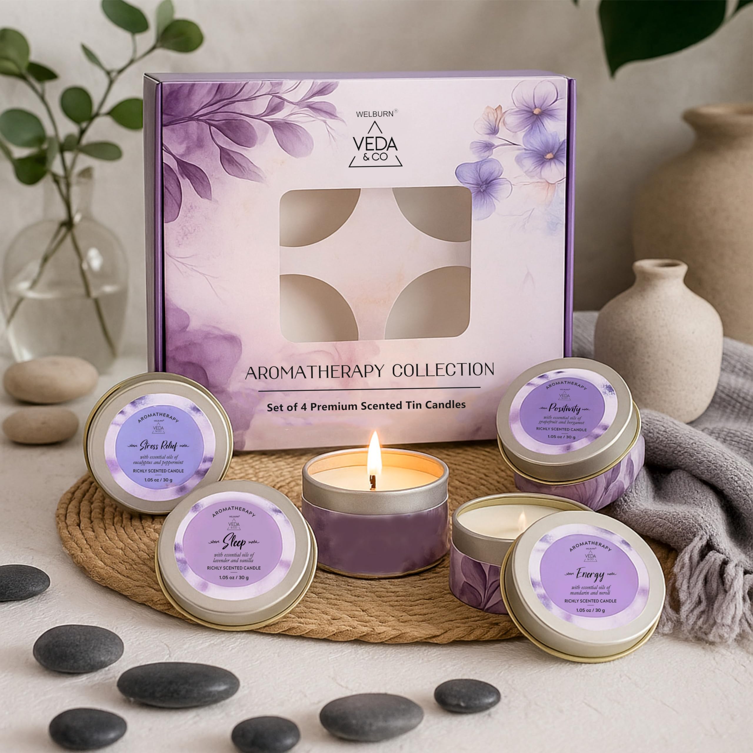 Welburn Veda&Co® Aromatherapy Mini Tin Candles (4 Pack) | Long Lasting Scented Candles | Aromatherapy Candles for Home Décor, Office, Meditation Relaxation, Yoga & Festive Gifting-image-3