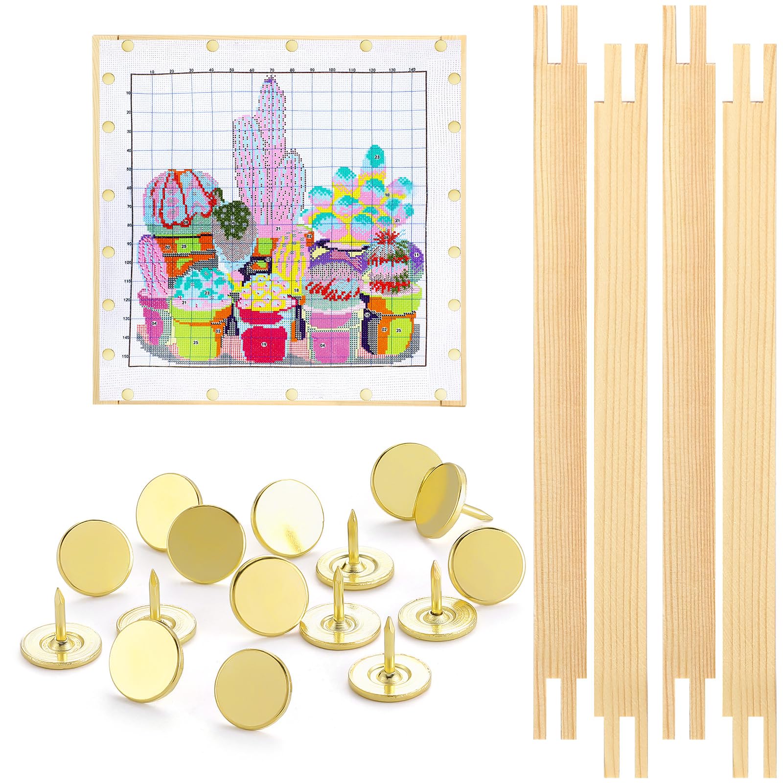 Glooglitter 2 Sets Stretcher Bars for Needlework with Thumb Tacks Regular Needlepoint Stretcher Bars Wooden Canvas Stretcher Bars for Embroidery Stitch Frame Set Bundle with Crafts (8 Inch)