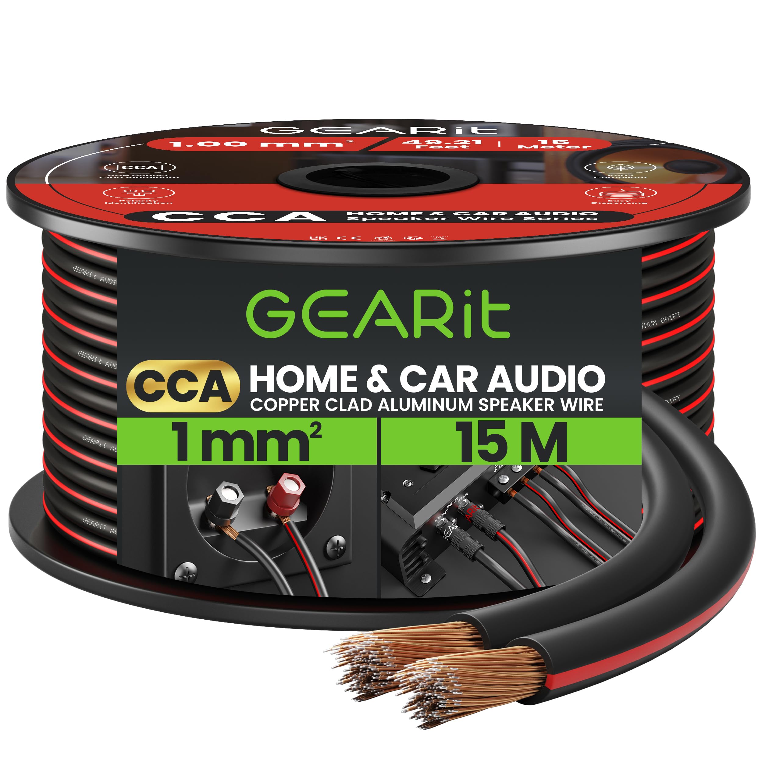 GearIT 18 Gauge 2x1mm² Speaker Cable CCA Wire (15m - Black) Copper Clad Aluminum - Great for Hi-Fi Home Theater and Car Speakers - 18awg