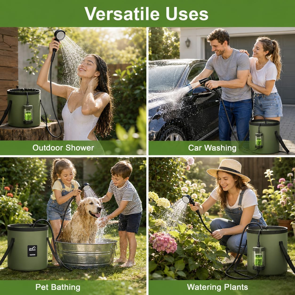 Romicta Douche de camping portable avec batterie rechargeable 6000 mAh et affichage LED – Seau pliable 4 modes de pulvérisation Pompe étanche IPX7 Idéal pour la randonnée, les voyages, la conduite