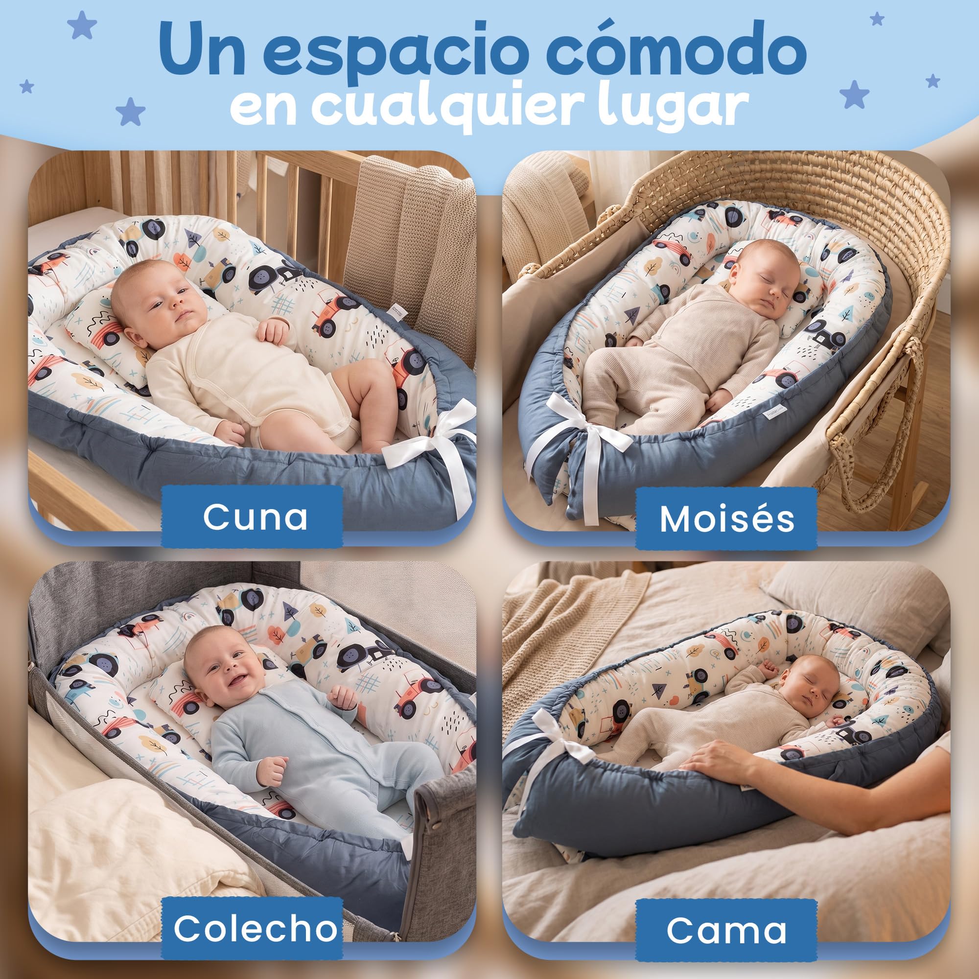 Reductor de Cuna para Bebé | Nido Bebé con Cojín Ergonómico, Funda Desenfundable y Lavable | Colchoneta Acolchada Suave con Estampado | Ideal para Cuna, Moisés y Colecho
