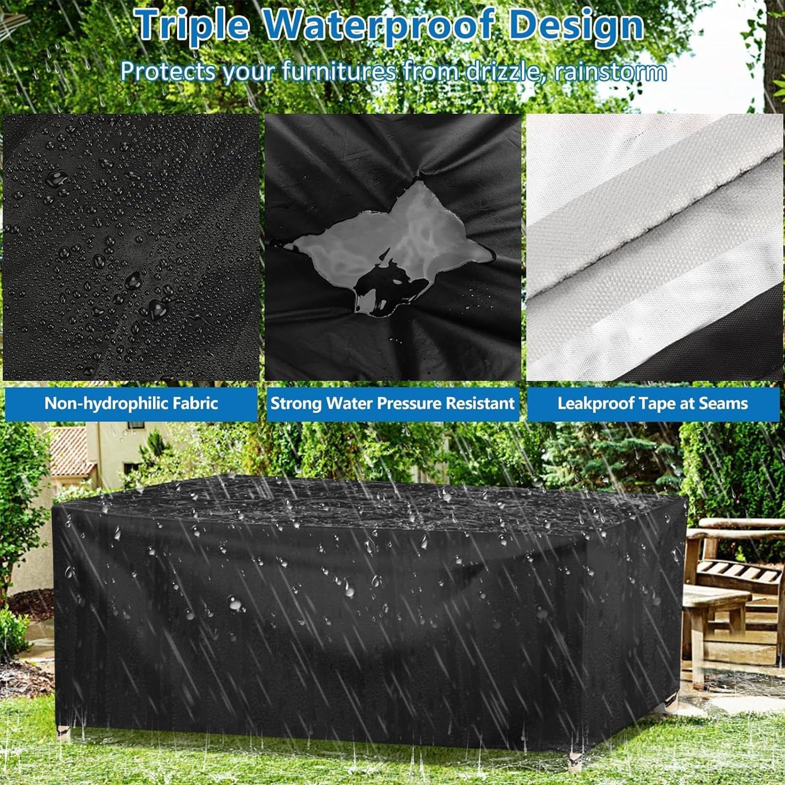 200 x 160 x 110 cm, copertura impermeabile per mobili da giardino, in Oxford 420D, anti-UV, resistente agli strappi, per divano da esterno, rettangolare, fibbie, coulisse, nero