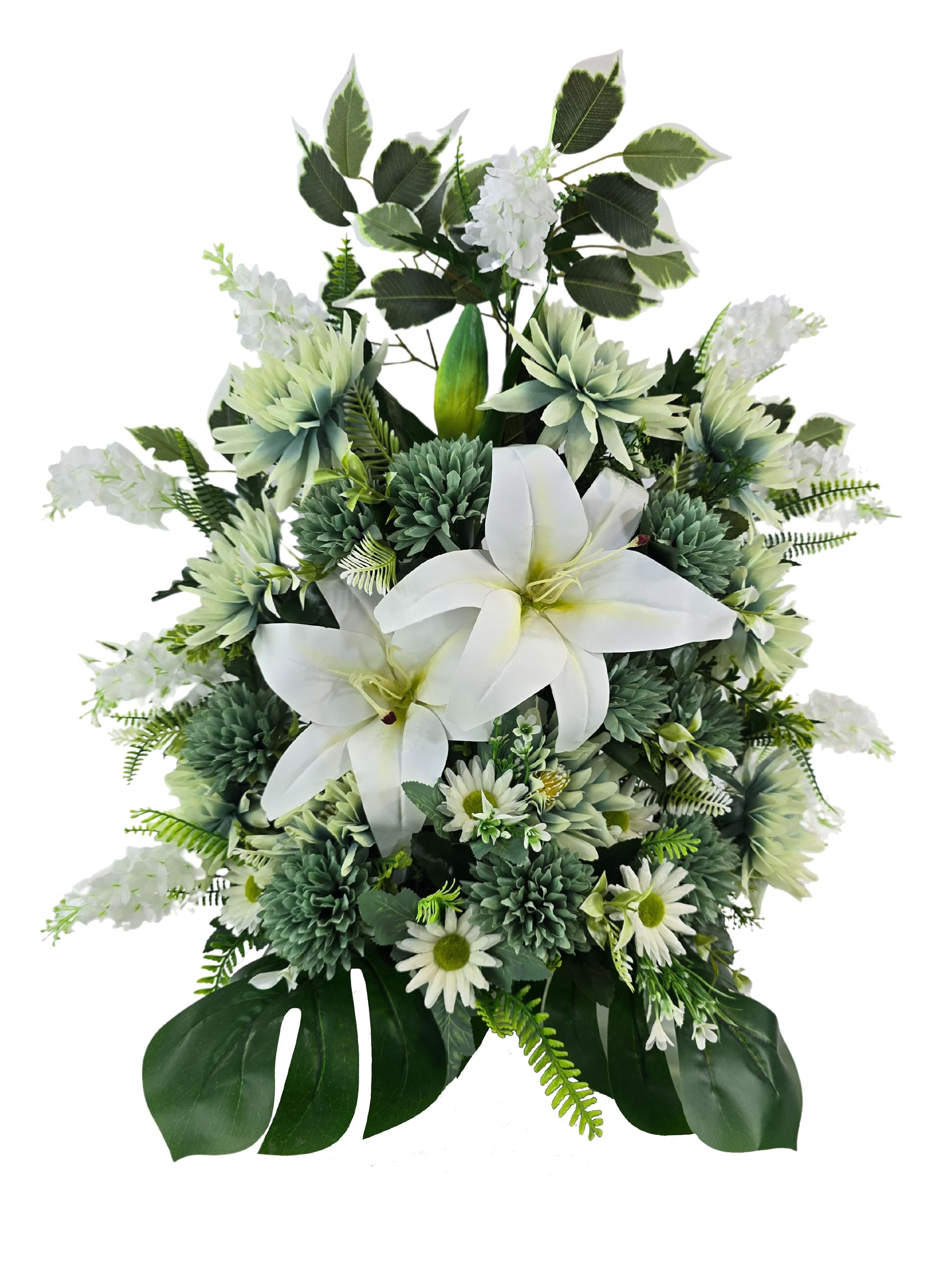 DRW Centro de Flores Artificiales Cementerio, Iglesia Bodas sepulturas Beige y Verde con liliums, Lilas, Margaritas y Pompones 60x28x64 cm
