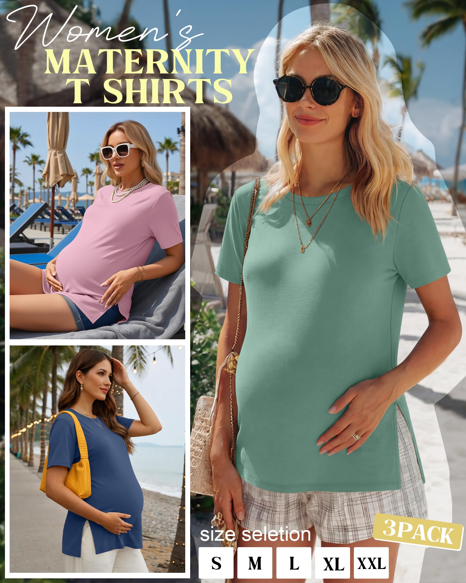 Ficerd Paquete de 3 Camisetas de Maternidad para Mujer De, Manga Corta, Aberturas Laterales, Cuello Redondo, Estilo Casual