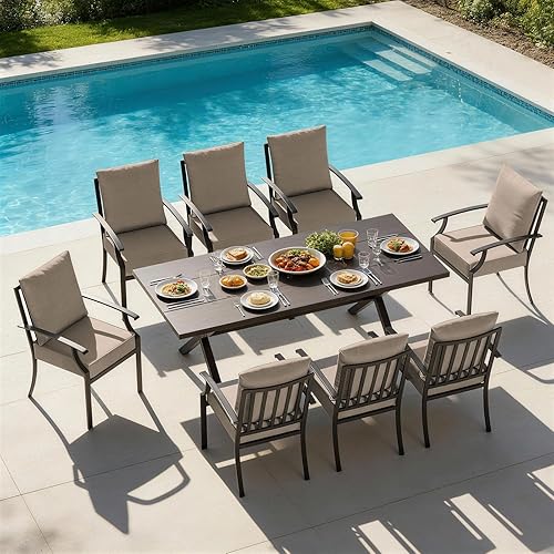 Miniatura 43 de Juego de 10 piezas de comedor para patio al aire libre, mesa de patio y sillas de ratán con agujero para paraguas, juego de mesa de comedor para 8