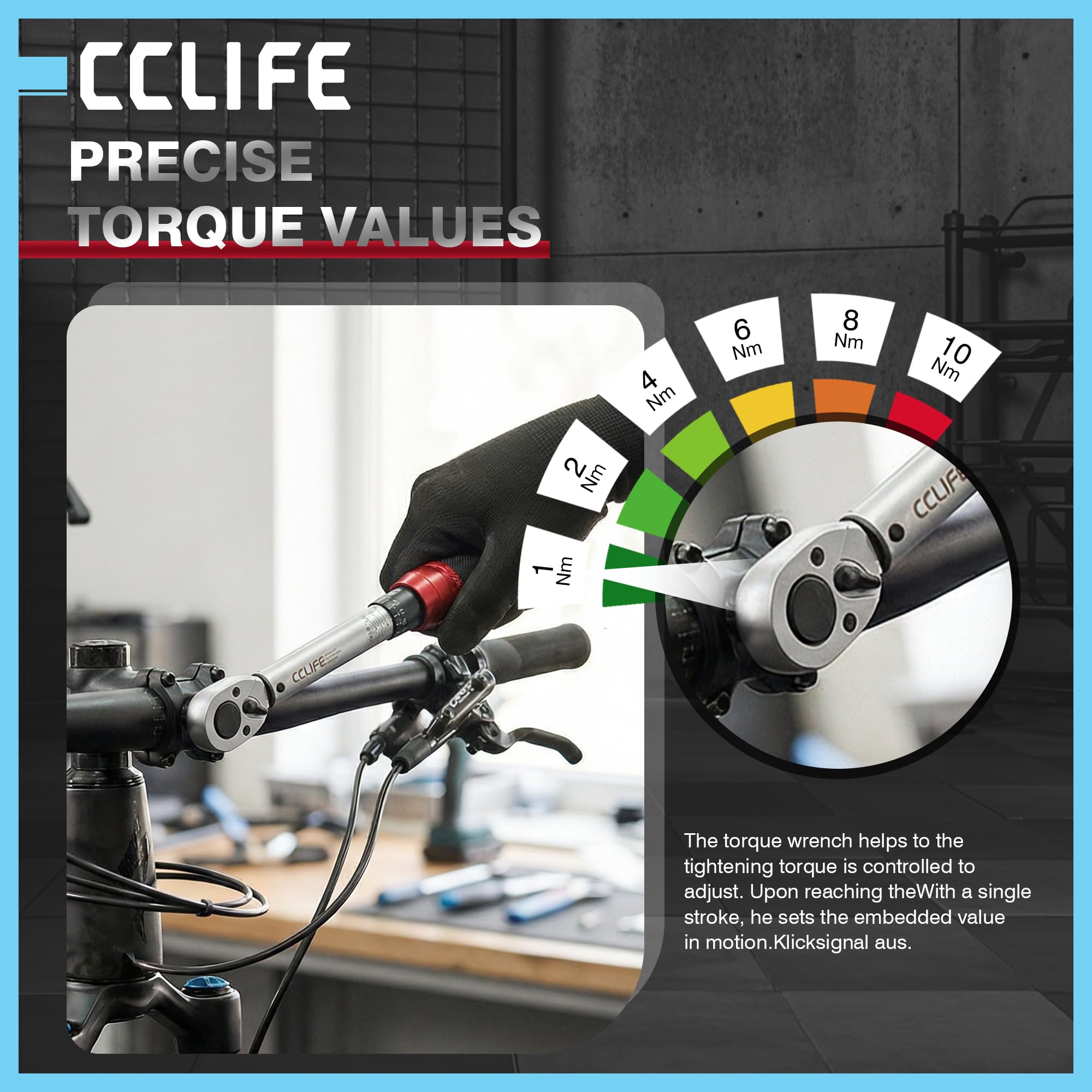 CCLIFE Llave dinamométrica de 3/8 pulgadas Click 10 – 60 N·m – Llave de torsión precisa de acero Cr-V con 72 dientes de trinquete y escala de fácil lectura para bicicleta, motocicleta y taller