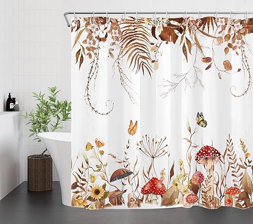 Miniatura 5 de EOBTAIN Juego de cortinas de ducha con diseño de hongos de otoño, hojas de plantas marrones y flores silvestres sobre tela blanca, juego de cortina
