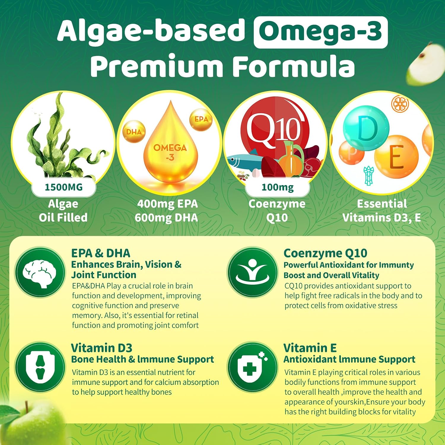Omega 3 Fatty Acid Supplements for Woman,Vegen Omega-3 Supplement Gummies 1500Mg from Algae 0il(DHA 600mg & EPA 300mg), Turmeric Gummy for Adults, Vitamins D3, E, Zinc & MSM, Sugar Free