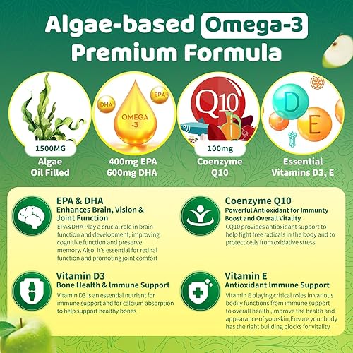 Miniatura 4 de Suplementos de ácidos grasos Omega 3 para mujer, suplemento de omega-3 vegano, 1500 mg de algas 0il (DHA 600 mg y EPA 300 mg), gomitas de cúrcuma