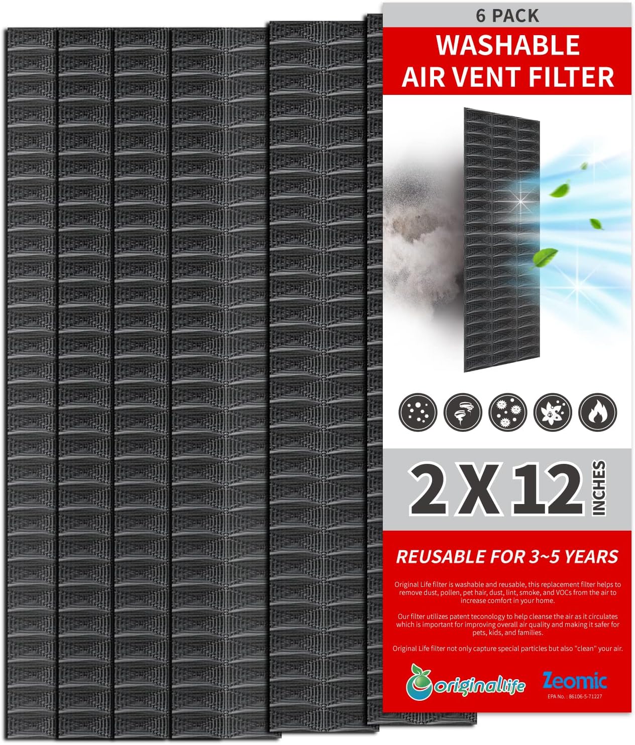 Lite Floor Vent Register Filter, Eco-Friendly Washable Air Vent Filter, Lasts Up to 2 Years, 2 x 12 Inch, Black, 6-Pack