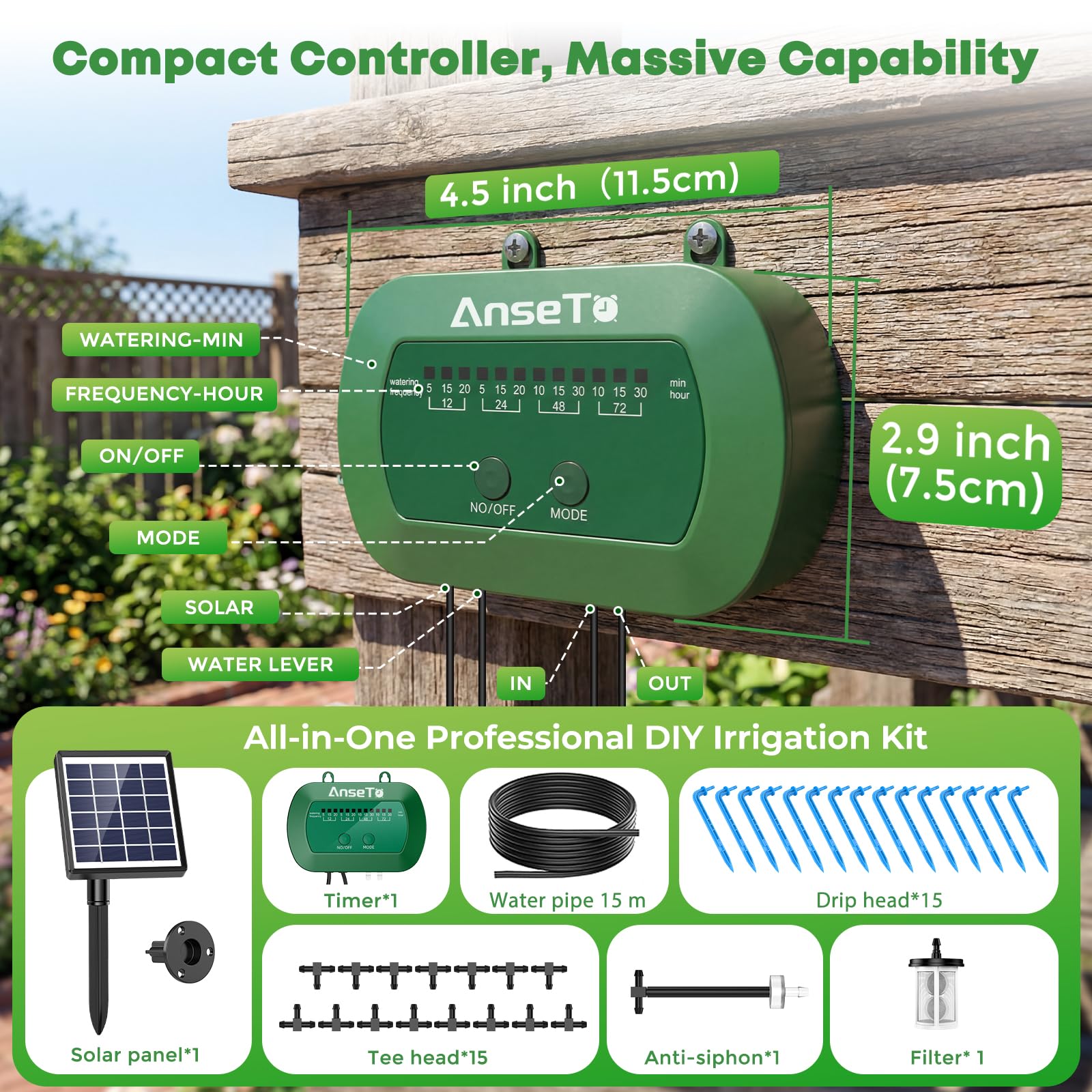 Solar Bewässerungssystem für Balkon Garten Gewächshäuser Automatische Bewässerungssystem Bewässerungscomputer für Pflanzen und Topfpflanzen, Ausgestattet mit 12 Bewässerungsmodi und 15 Tropfern