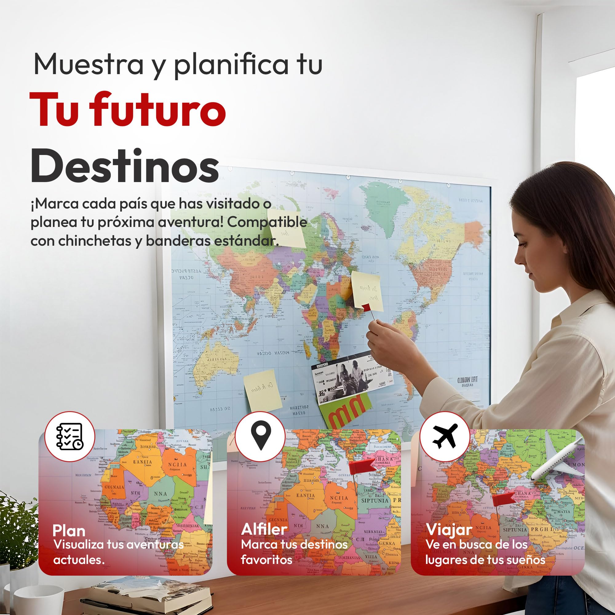 Tablero de anuncios de corcho mapa mundial 90x60 cm con marco y 20 banderas marcadoras Memoboard XXL